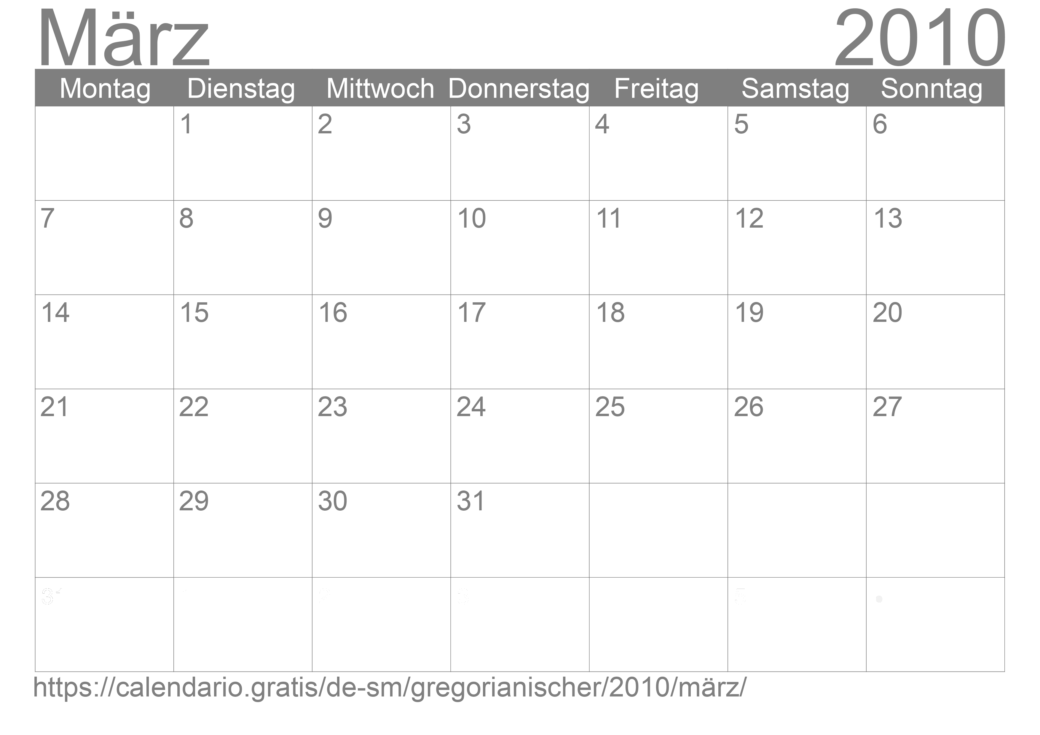Kalender März 2010 zum Ausdrucken