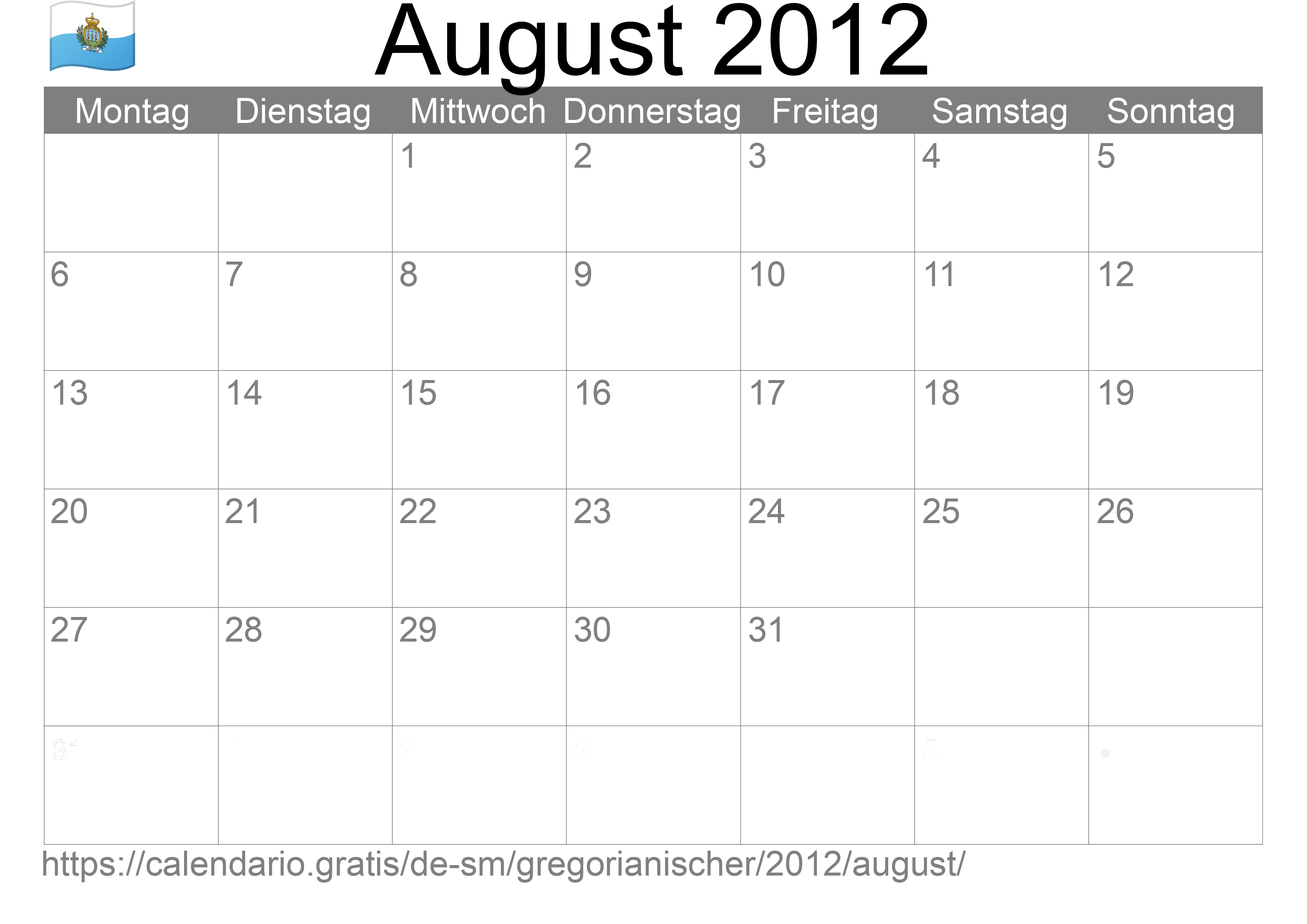 Kalender August 2012 zum Ausdrucken