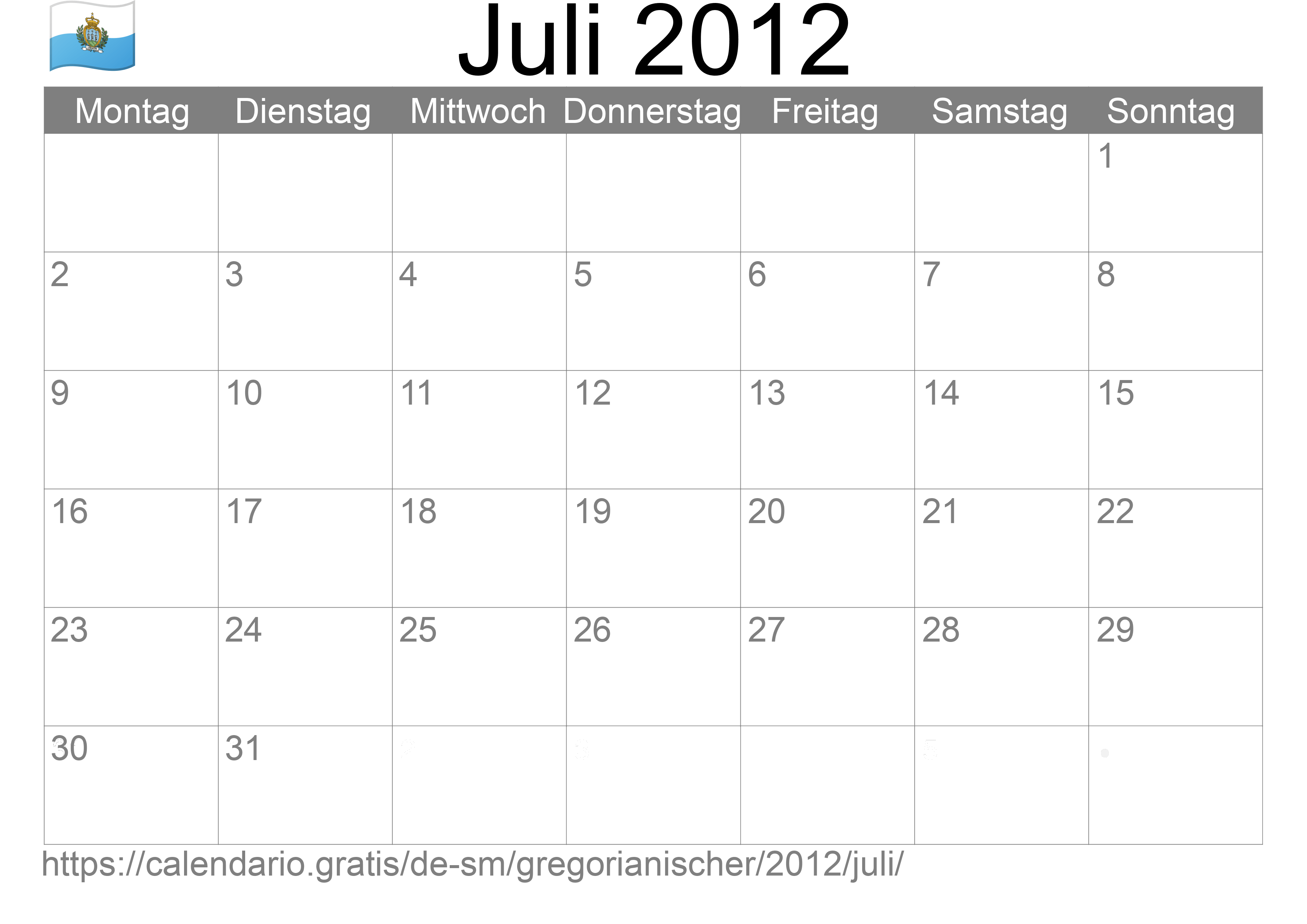 Kalender Juli 2012 zum Ausdrucken