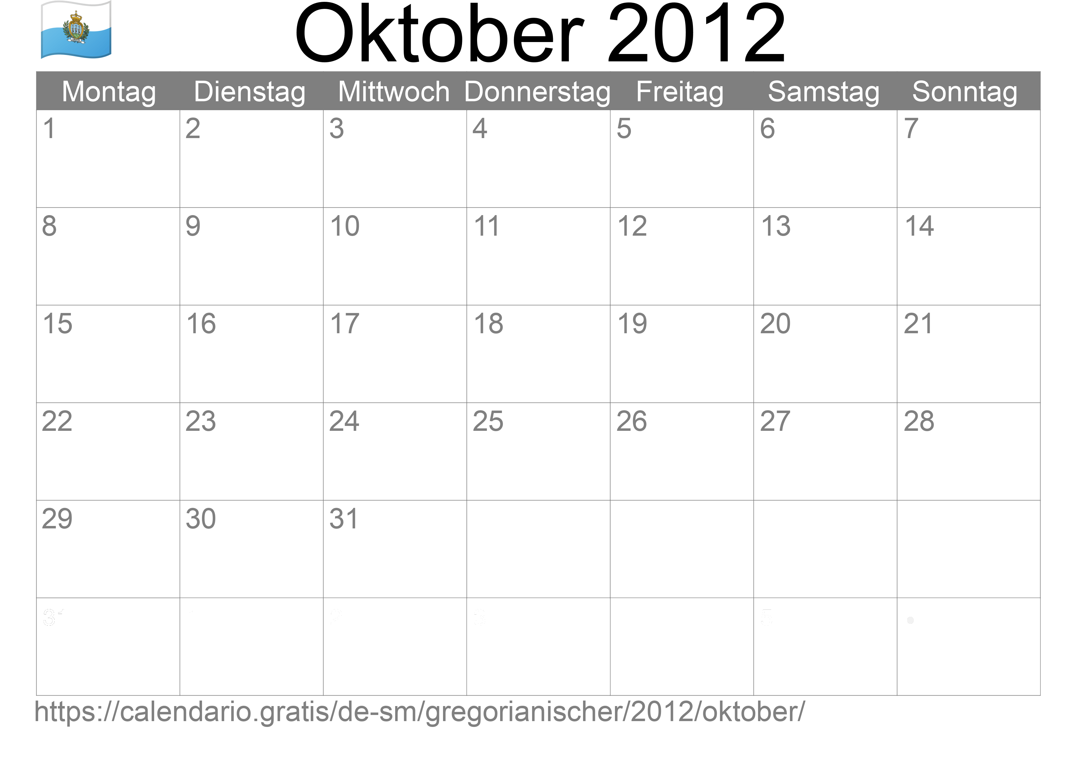 Kalender Oktober 2012 zum Ausdrucken