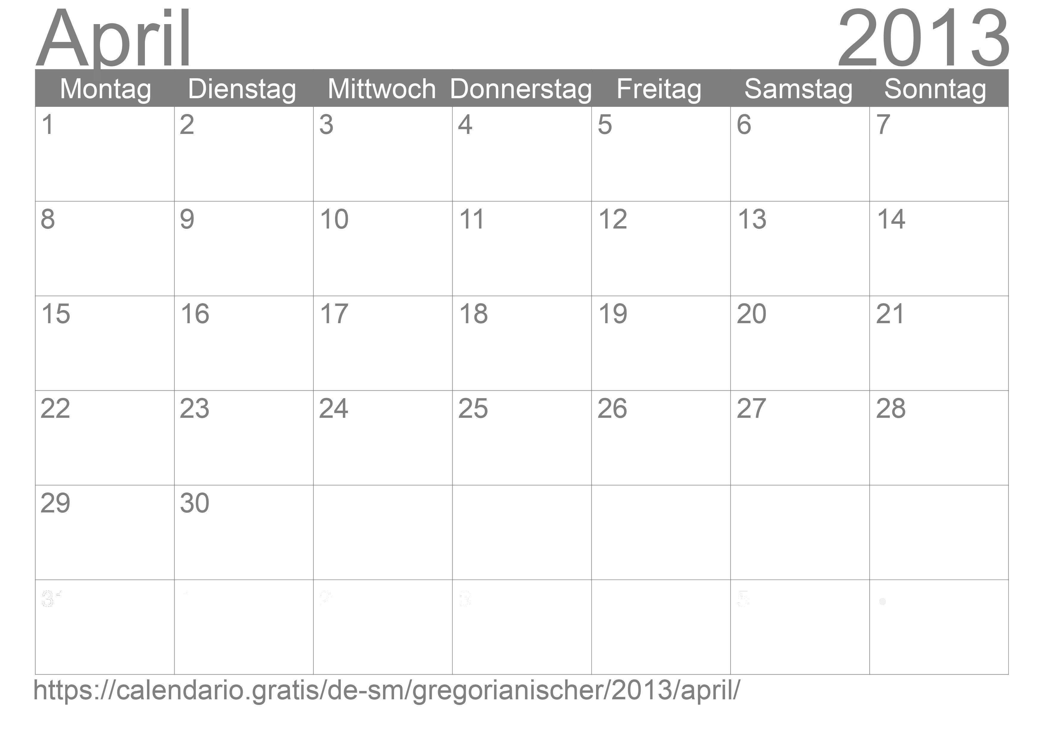 Kalender April 2013 zum Ausdrucken