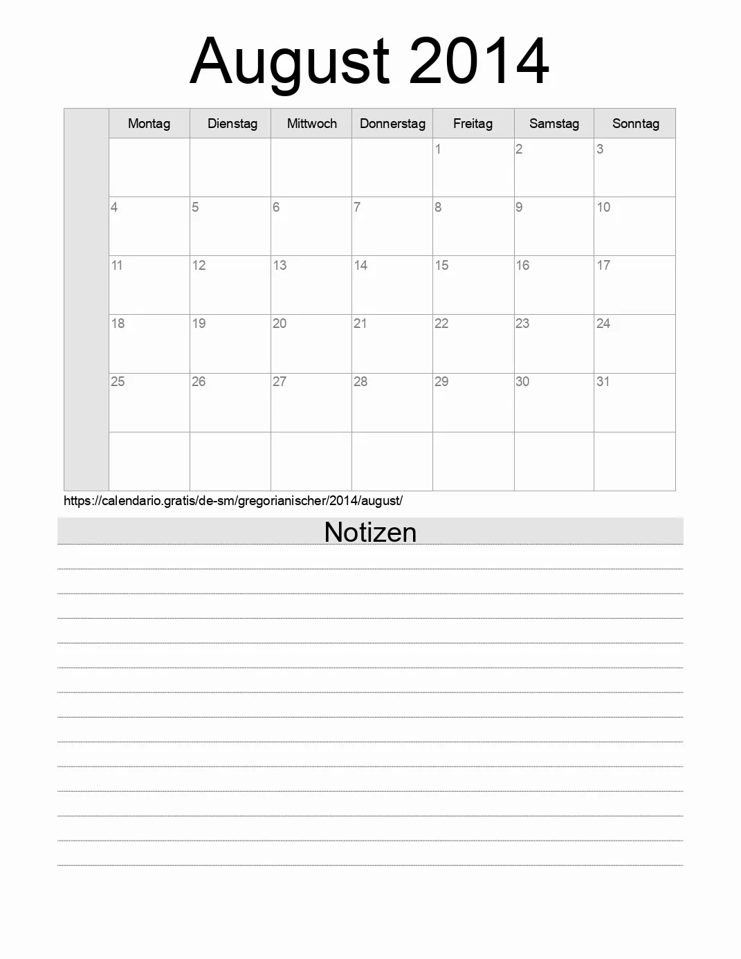 Kalender für August 2014 zum Drucken mit Notizen. (San Marino)
