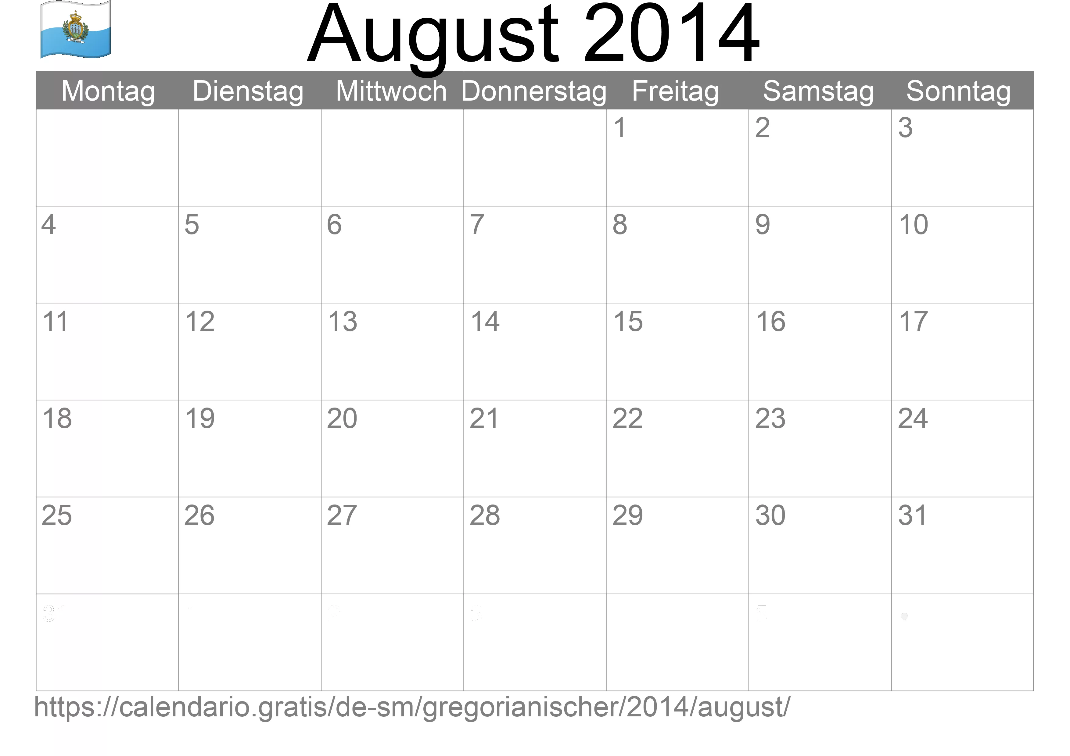 Kalender August 2014 zum Ausdrucken (San Marino)
