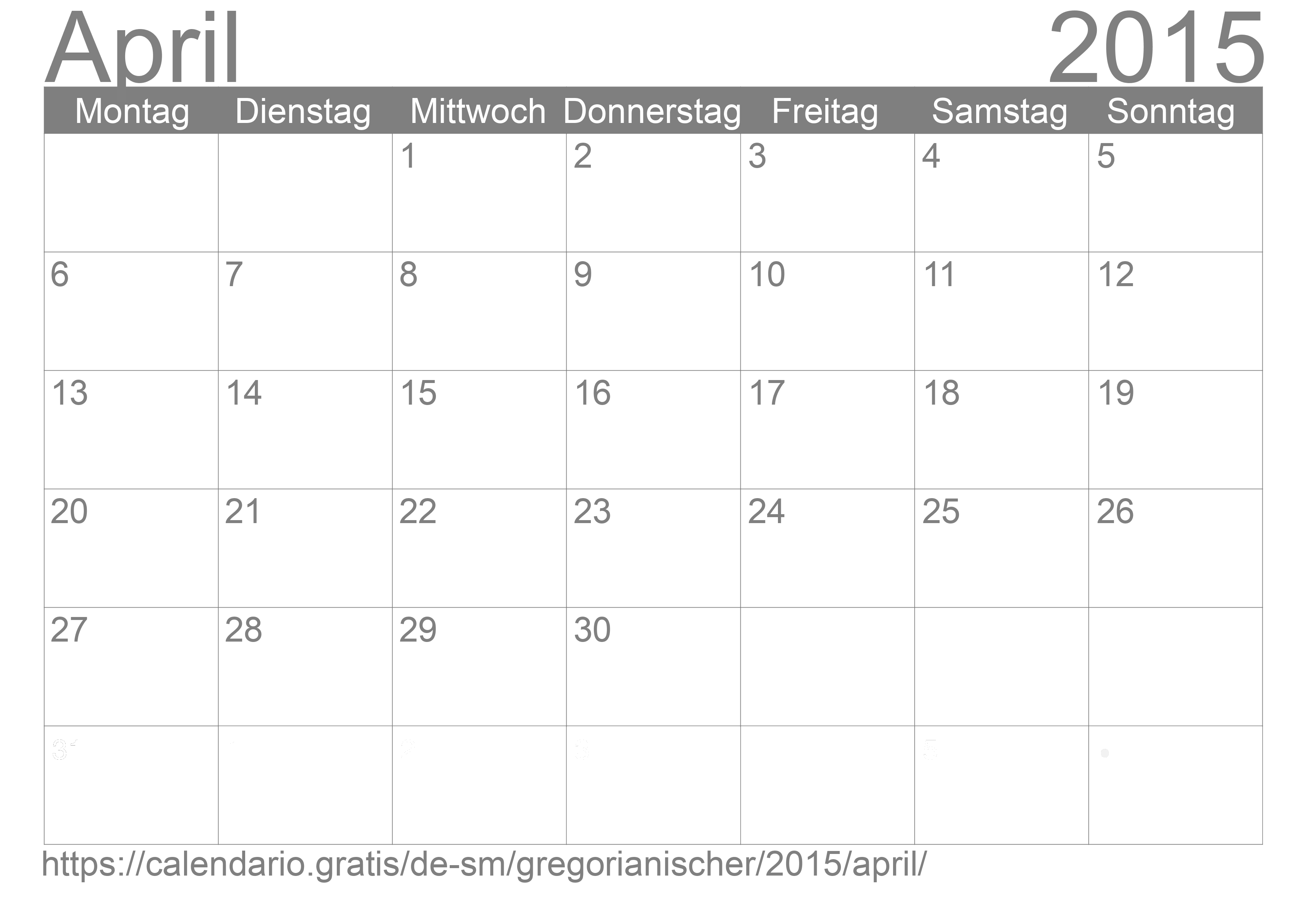 Kalender April 2015 zum Ausdrucken