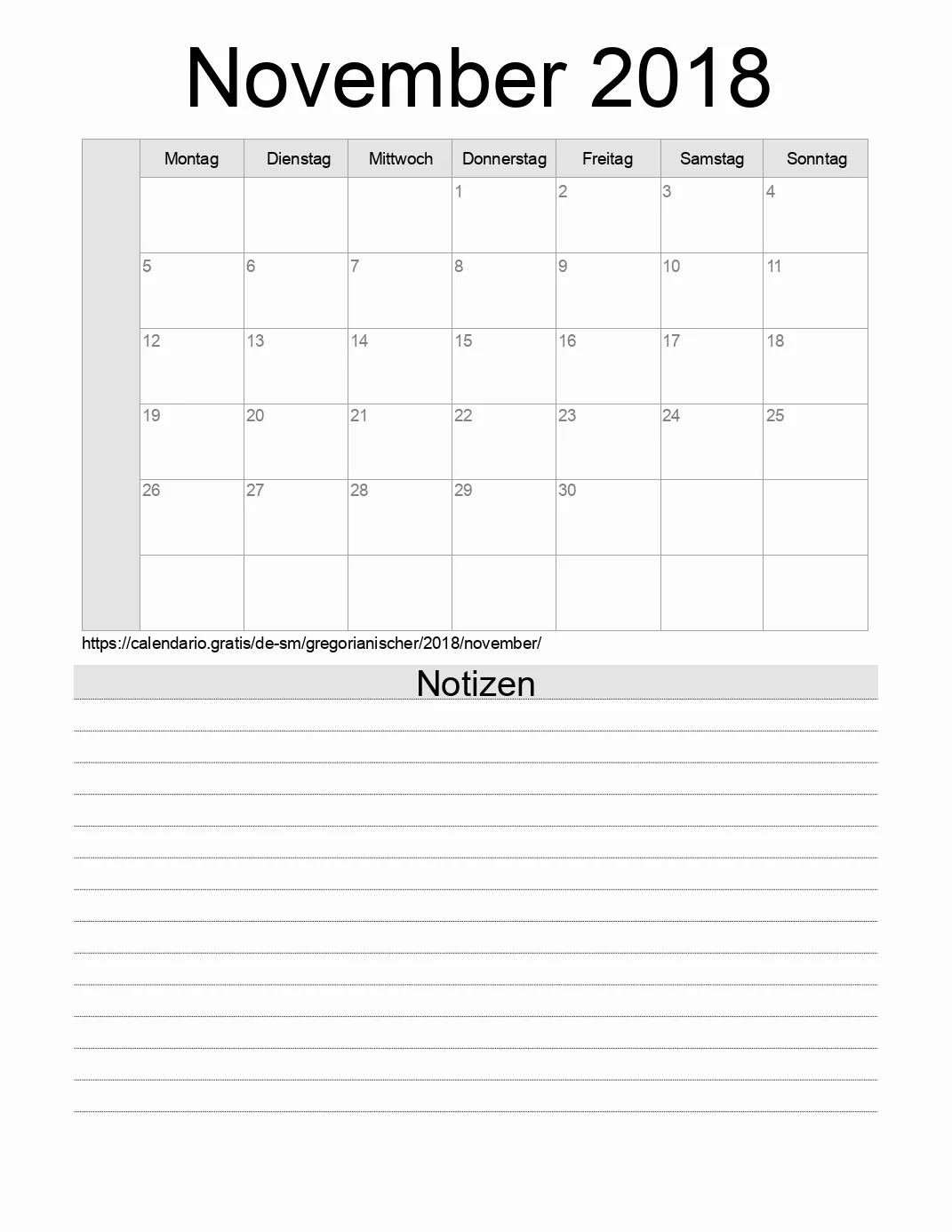 Kalender für November 2018 zum Drucken mit Notizen. (San Marino)
