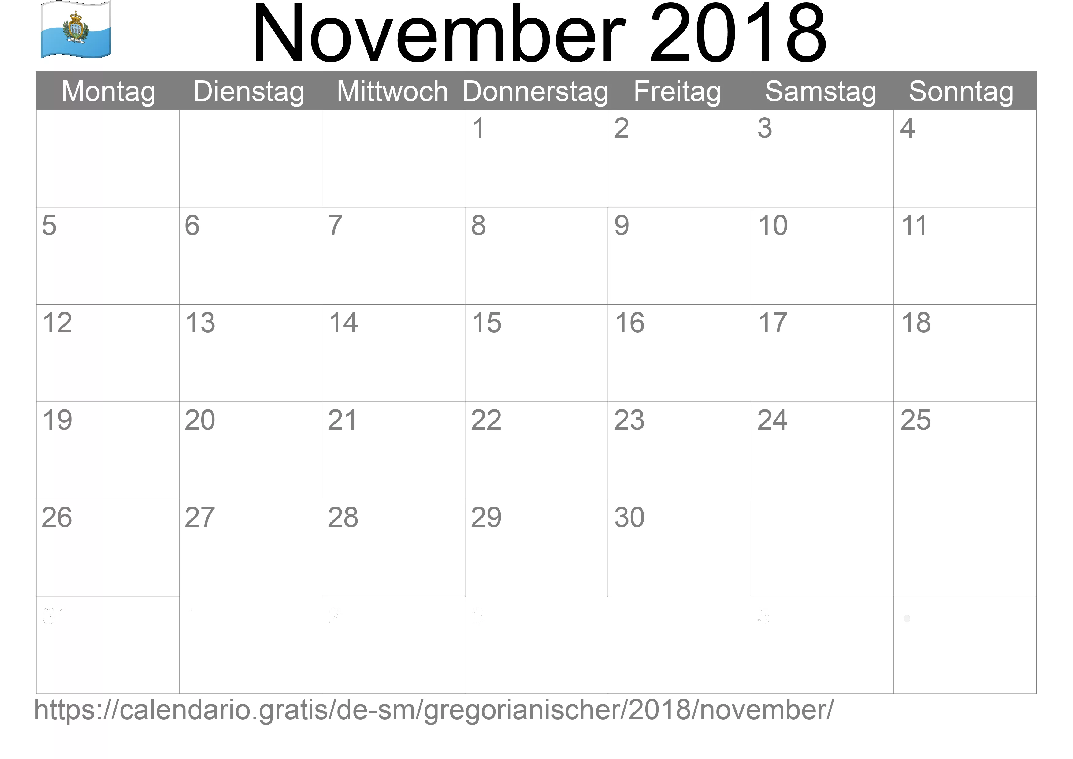 Kalender November 2018 zum Ausdrucken (San Marino)