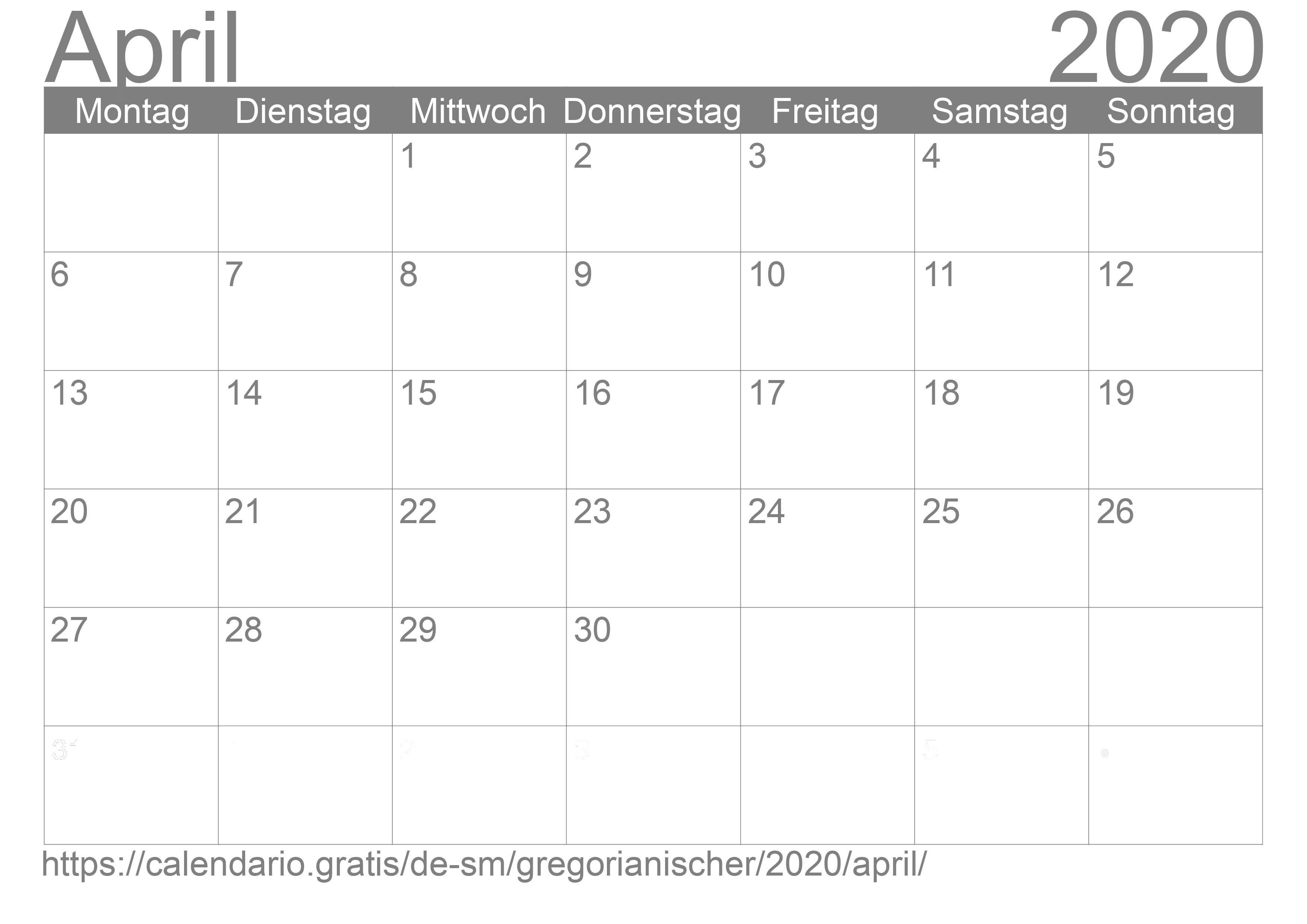 Kalender April 2020 zum Ausdrucken