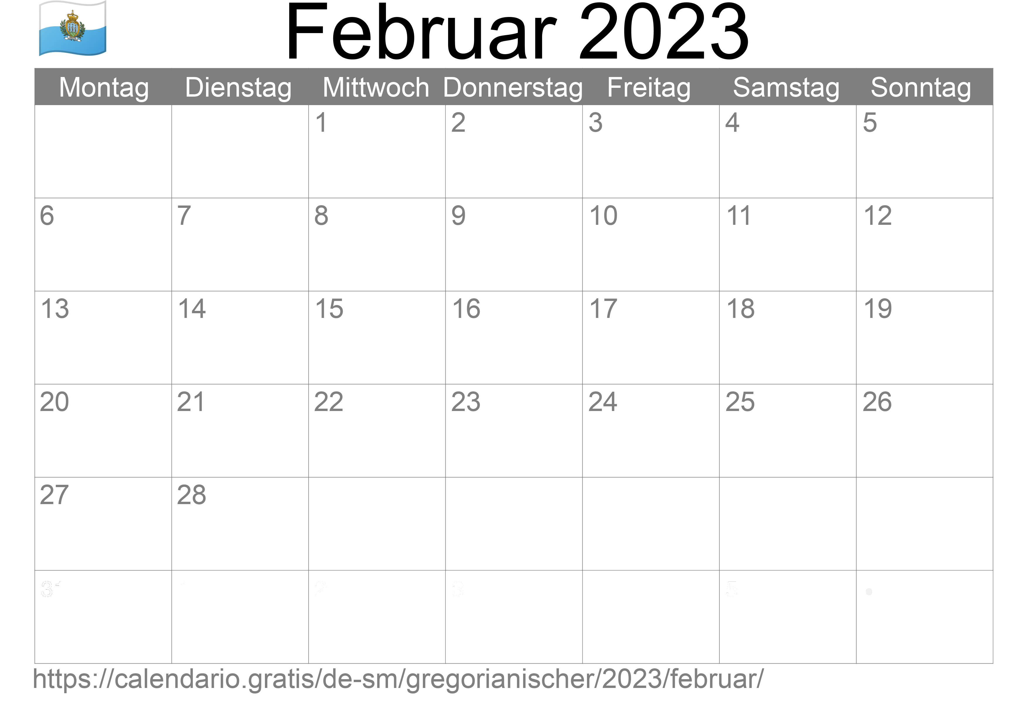 Kalender Februar 2023 zum Ausdrucken