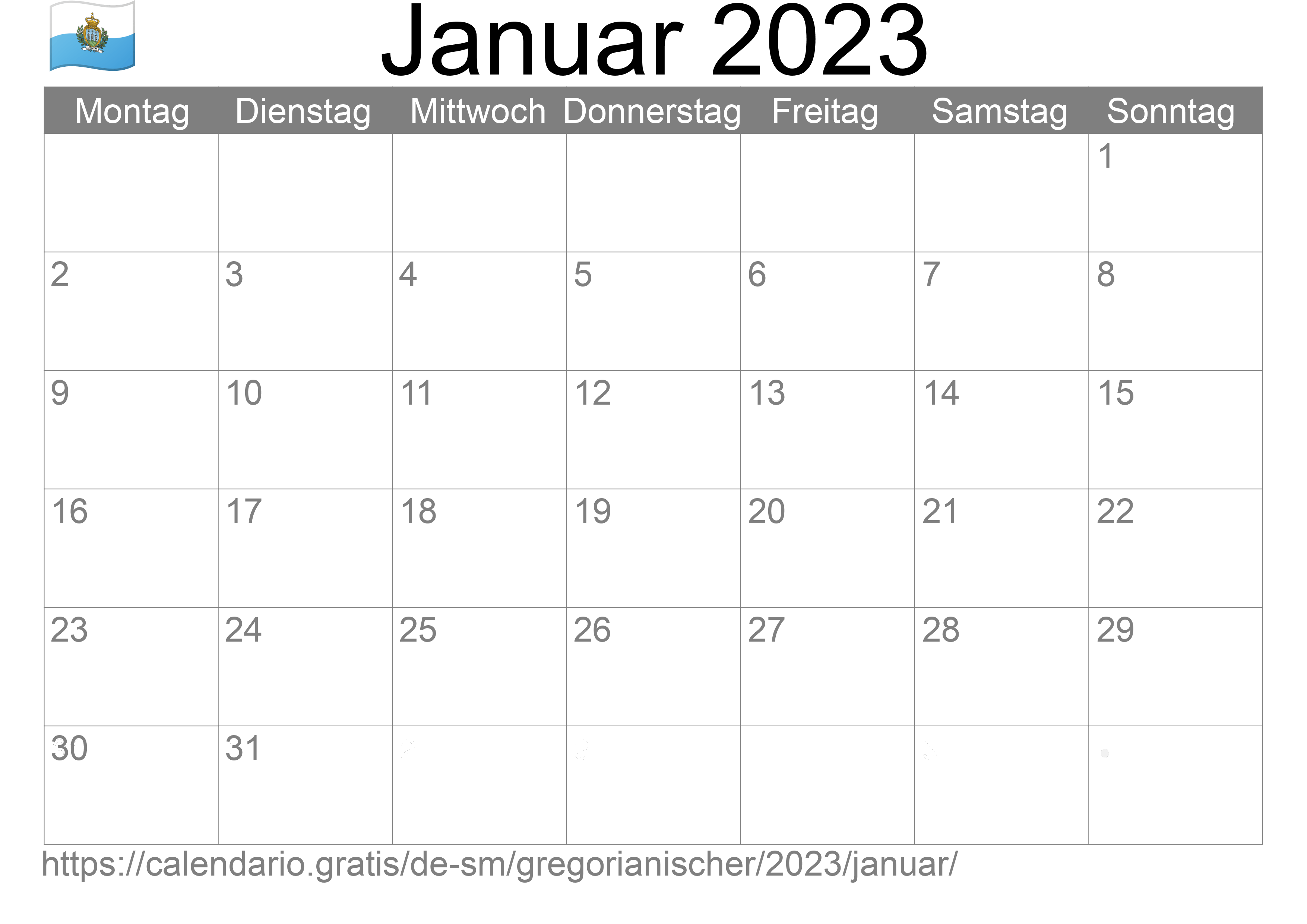 Kalender Januar 2023 zum Ausdrucken