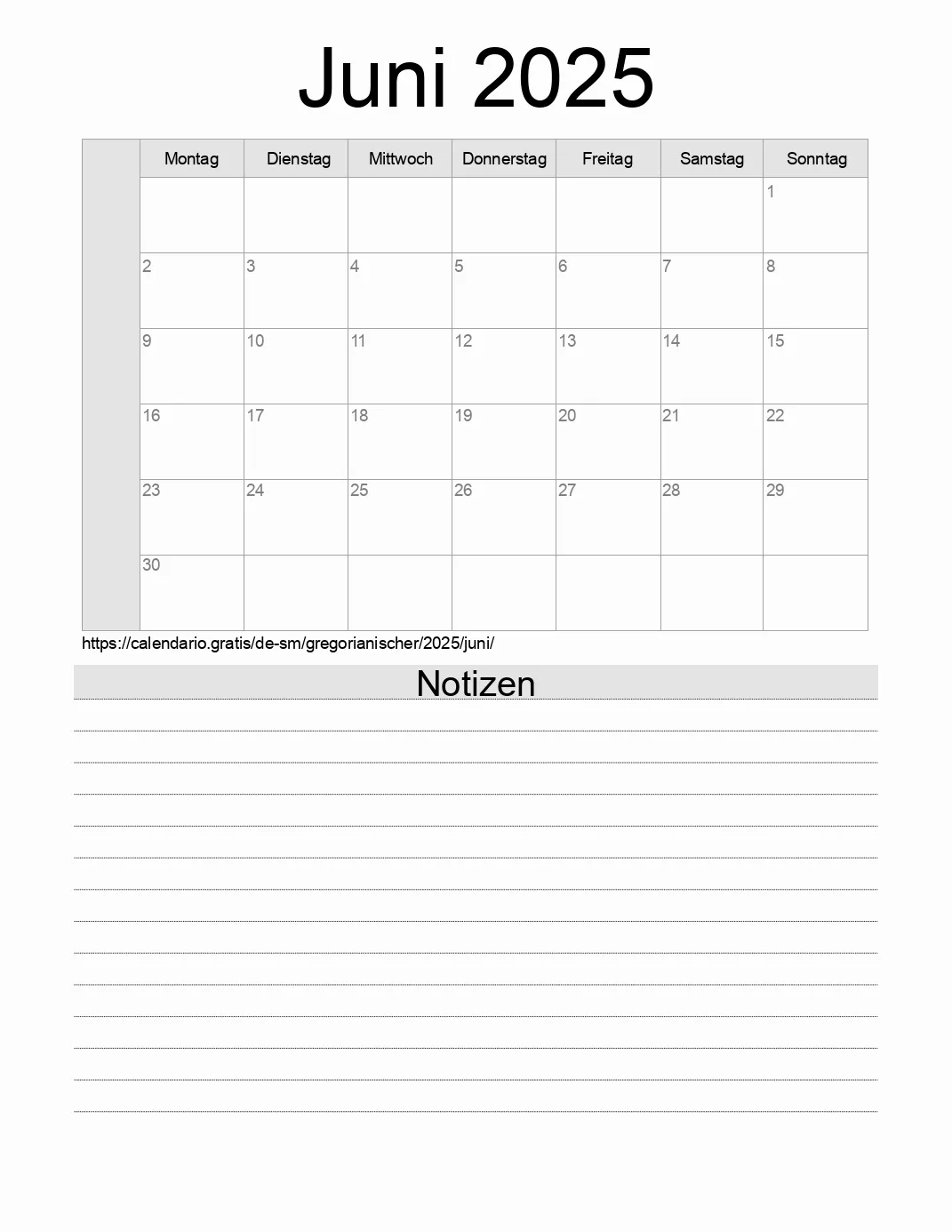 Kalender für Juni 2025 zum Drucken mit Notizen. (San Marino)