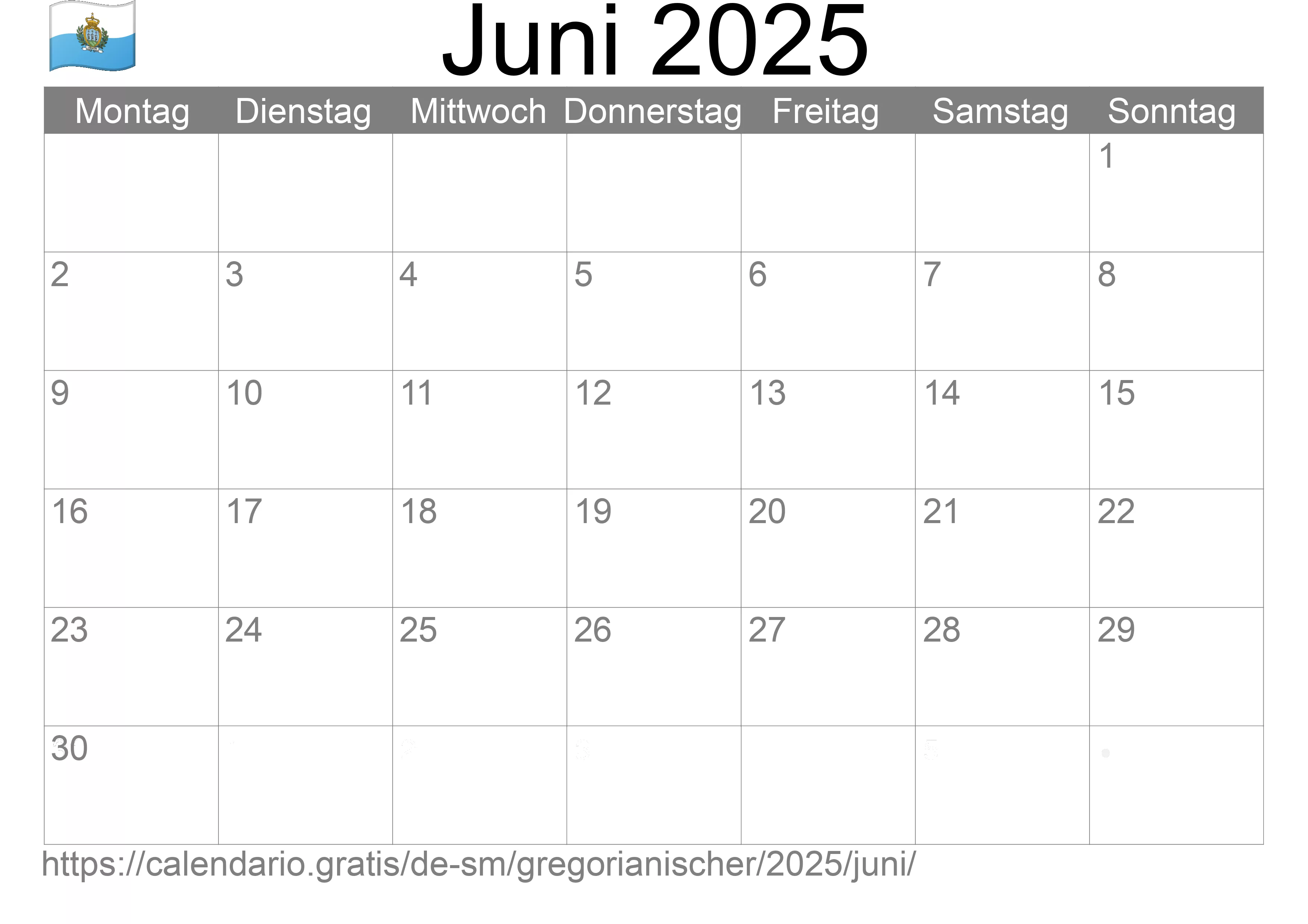 Kalender Juni 2025 zum Ausdrucken (San Marino)