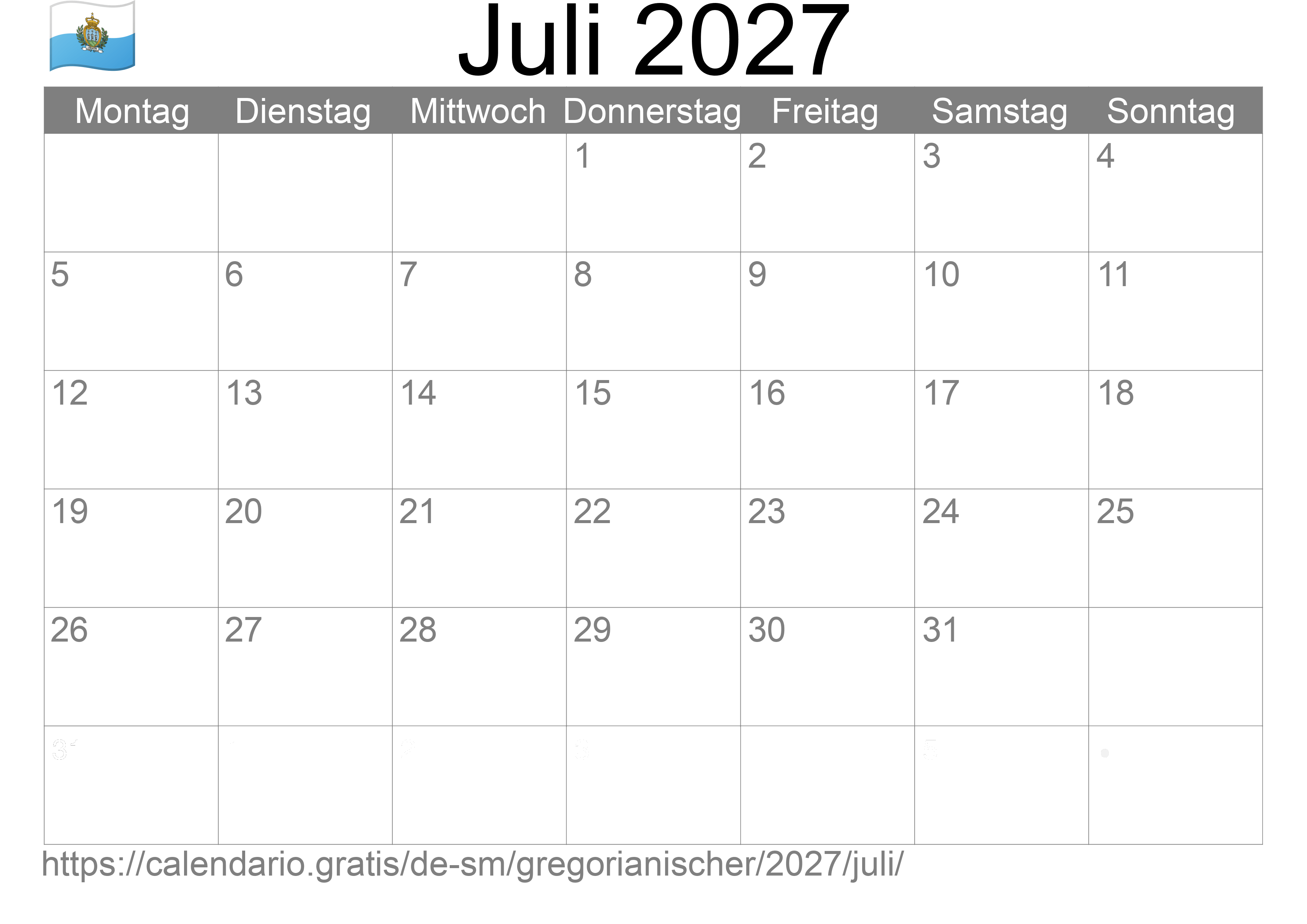 Kalender Juli 2027 zum Ausdrucken