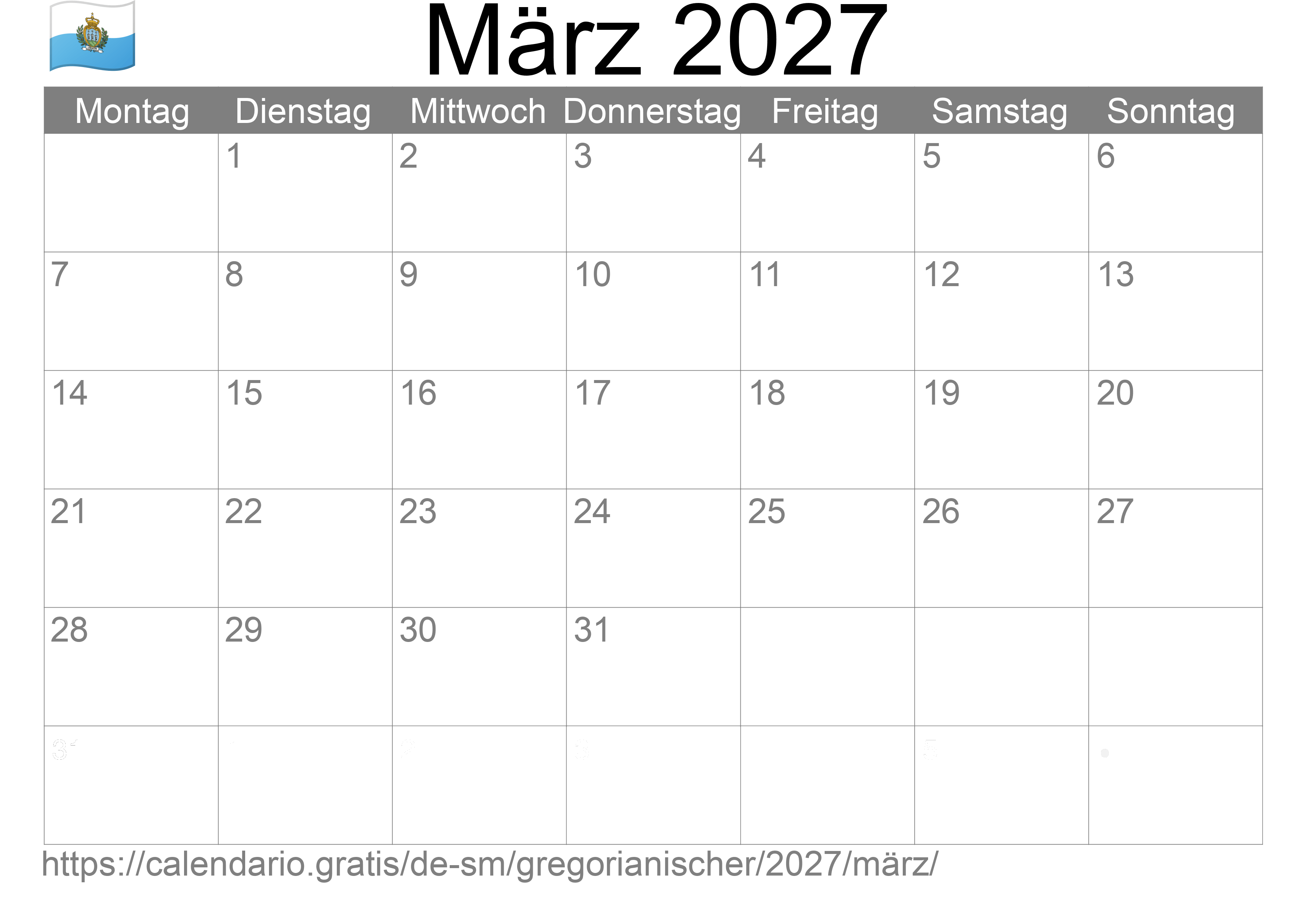 Kalender März 2027 zum Ausdrucken