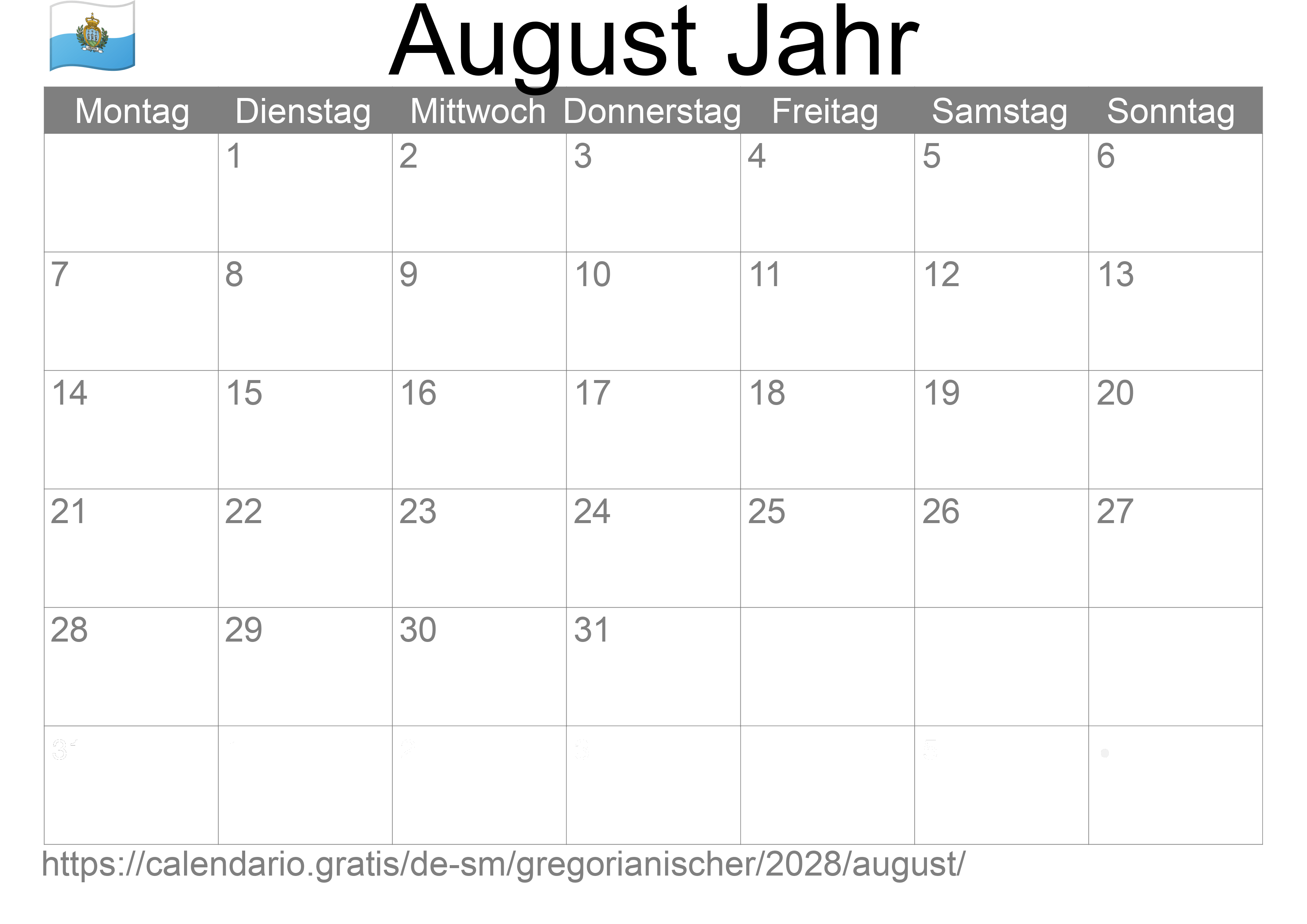 Kalender August 2028 zum Ausdrucken