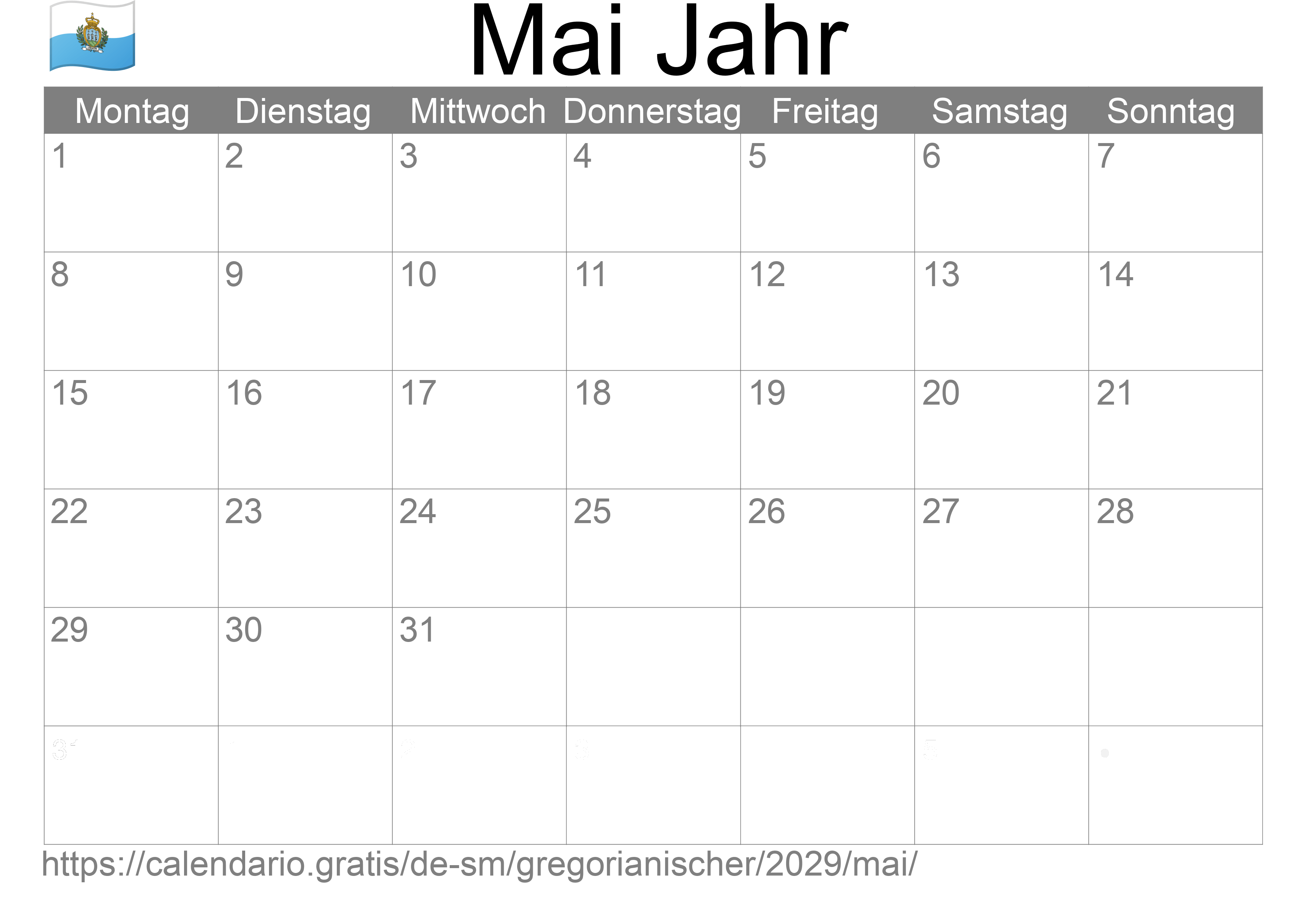 Kalender Mai 2029 zum Ausdrucken