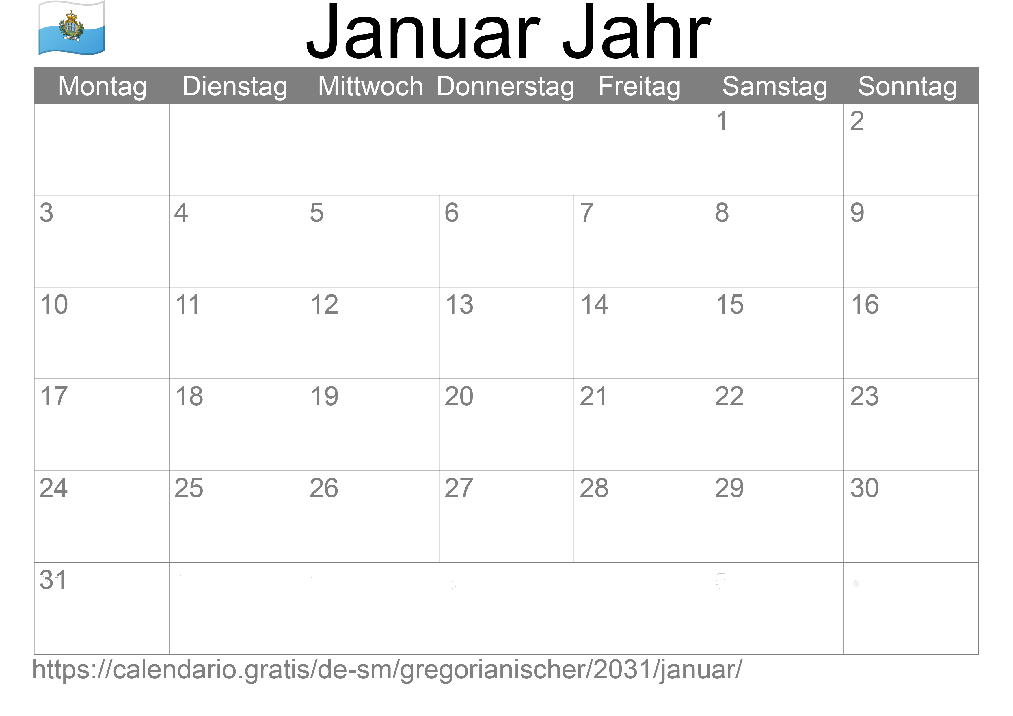 Kalender Januar 2031 zum Ausdrucken