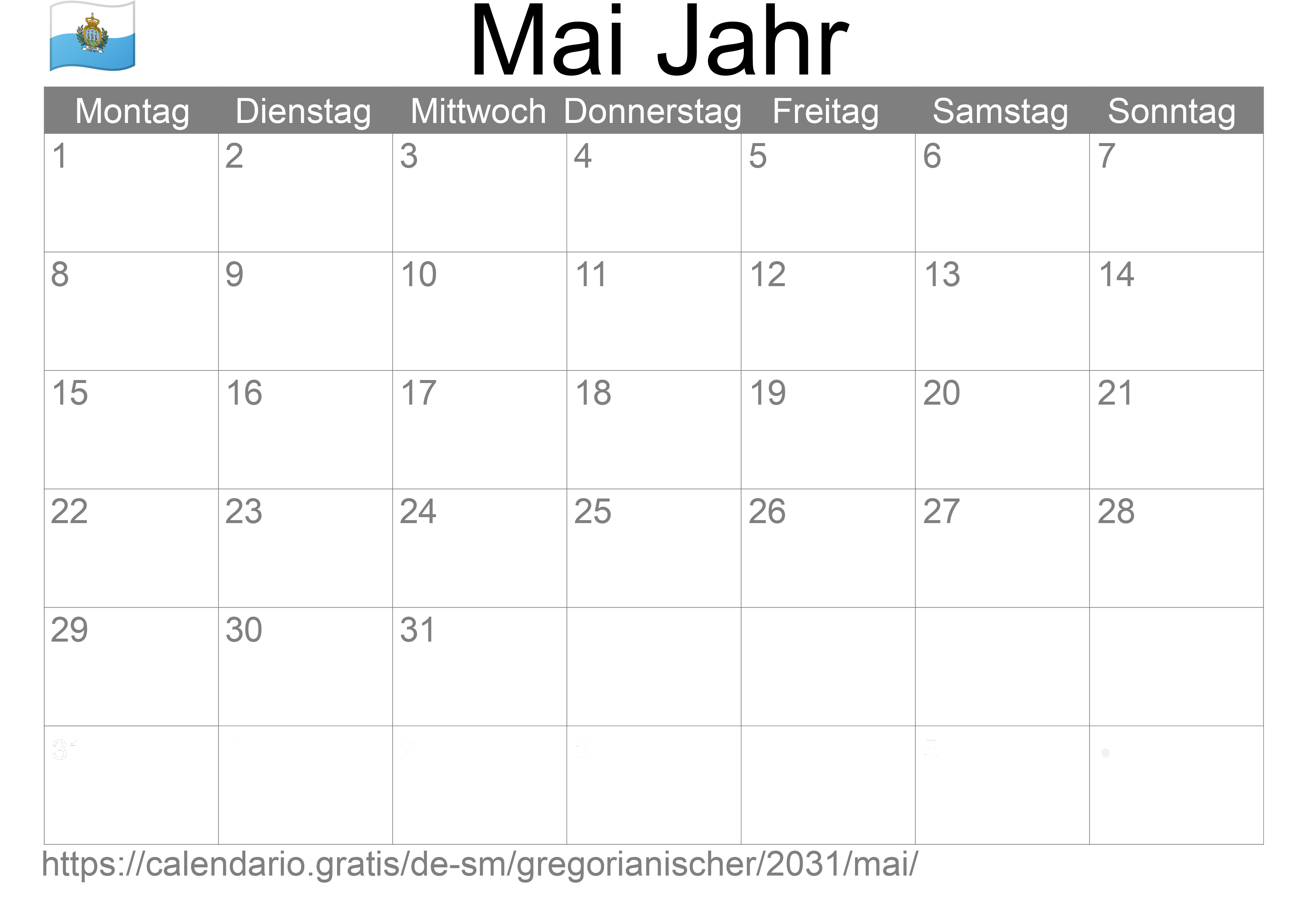 Kalender Mai 2031 zum Ausdrucken