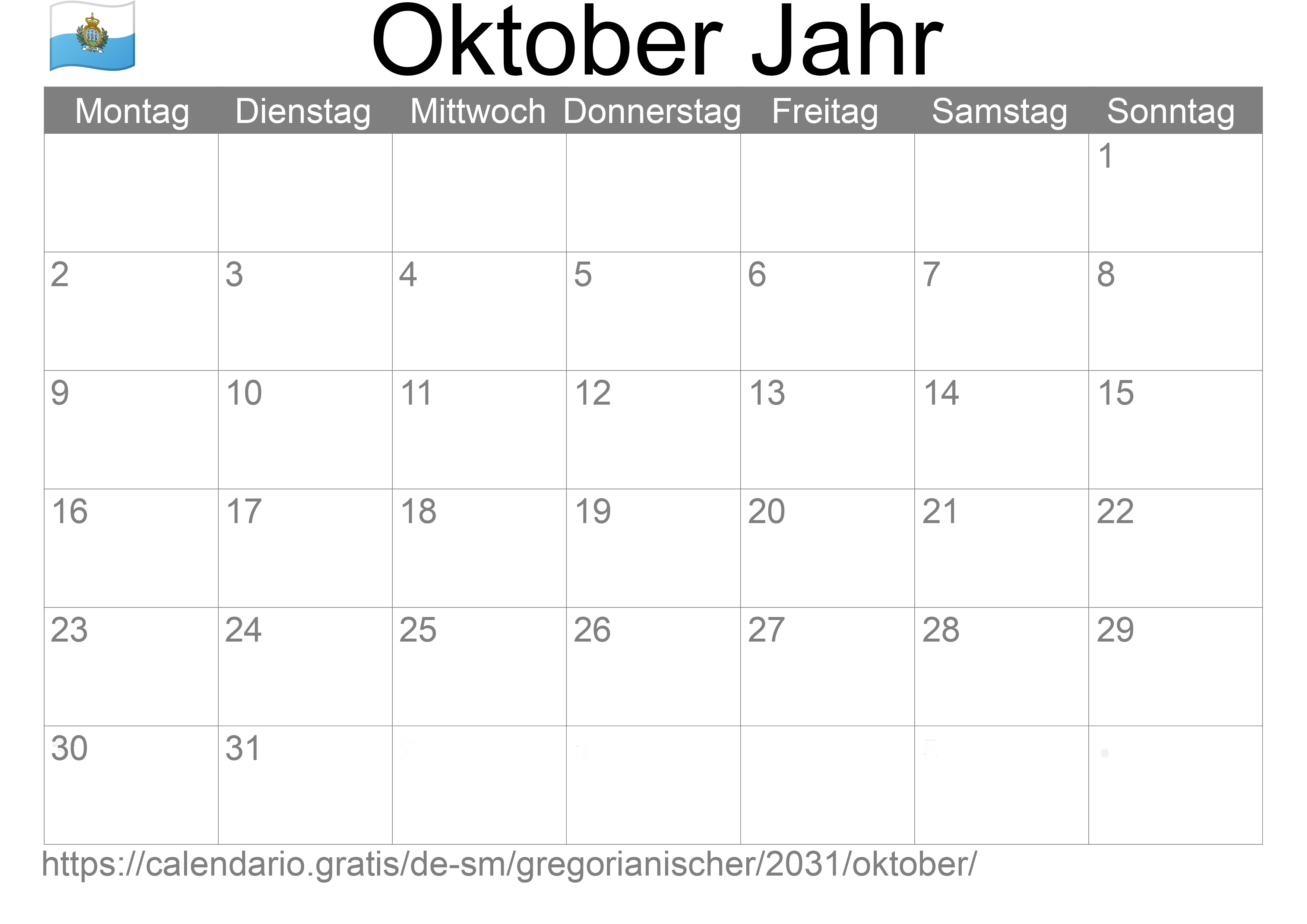 Kalender Oktober 2031 zum Ausdrucken