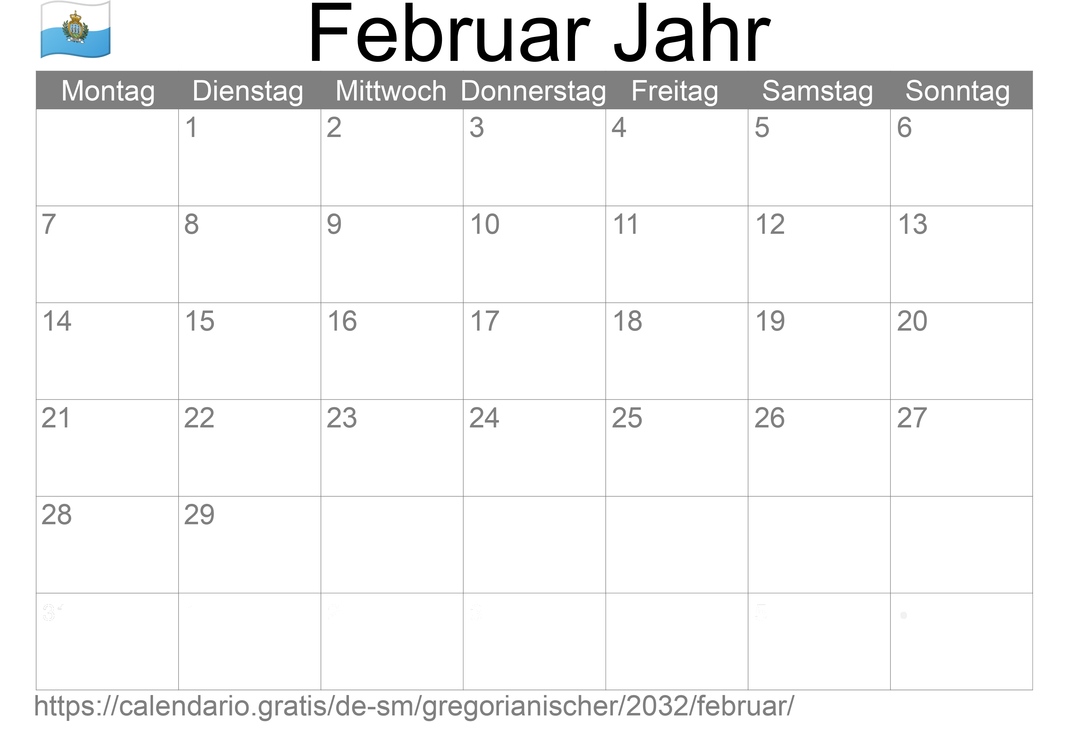 Kalender Februar 2032 zum Ausdrucken