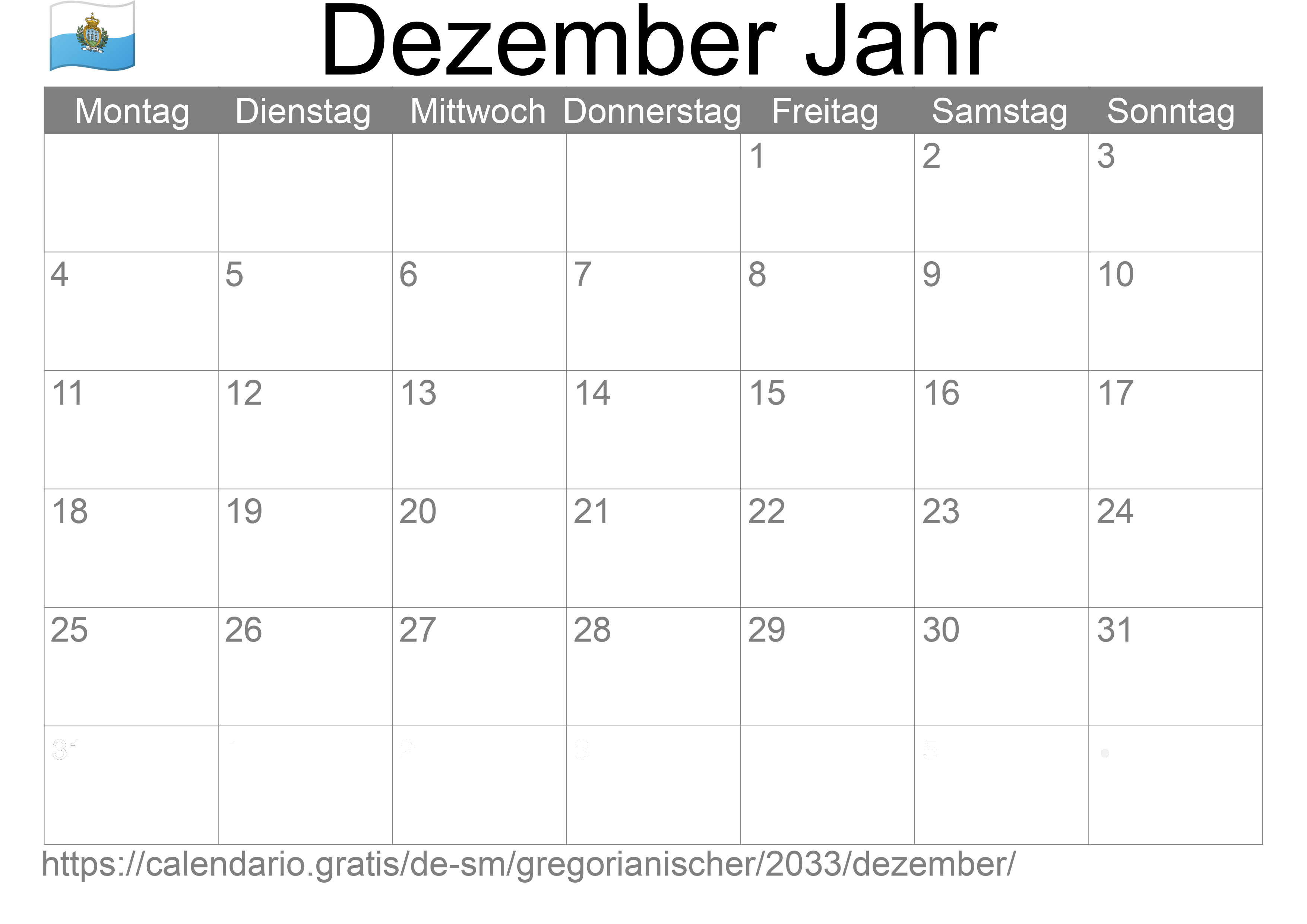 Kalender Dezember 2033 zum Ausdrucken