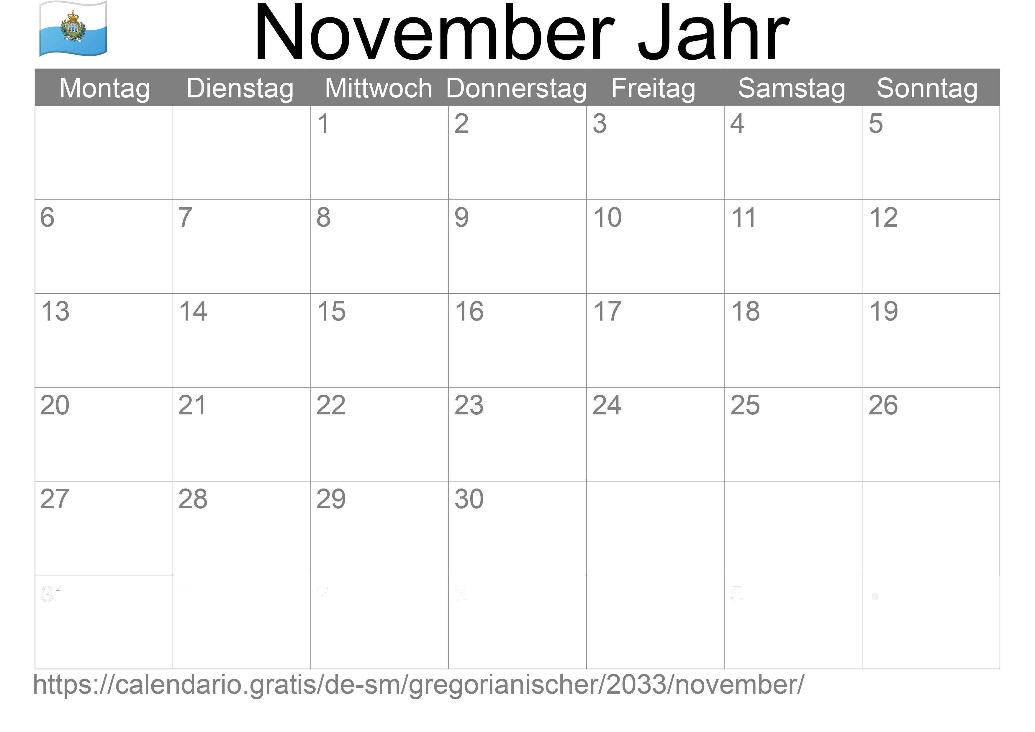 Kalender November 2033 zum Ausdrucken