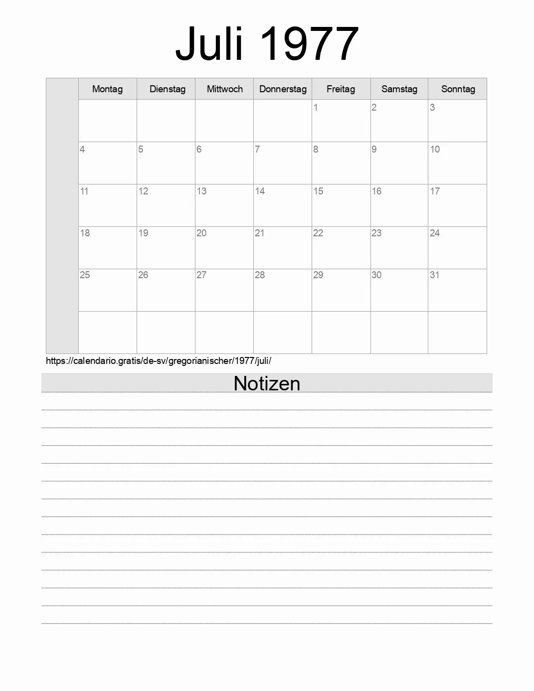 Kalender für Juli 1977 zum Drucken mit Notizen. (El Salvador)