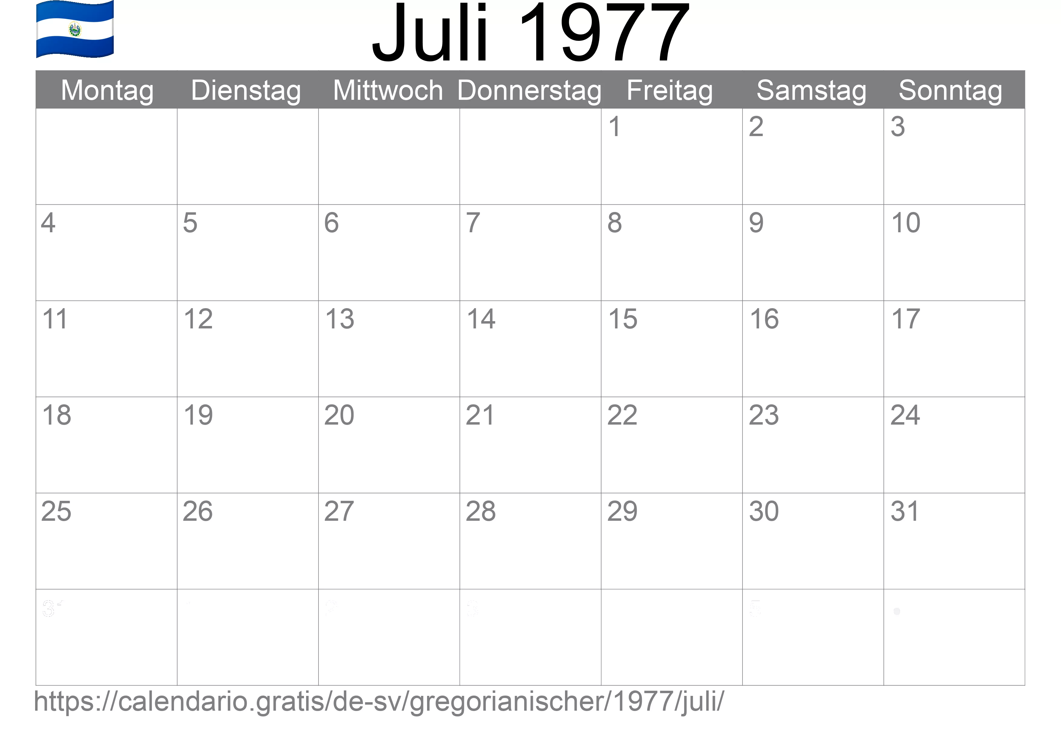Kalender Juli 1977 zum Ausdrucken (El Salvador)