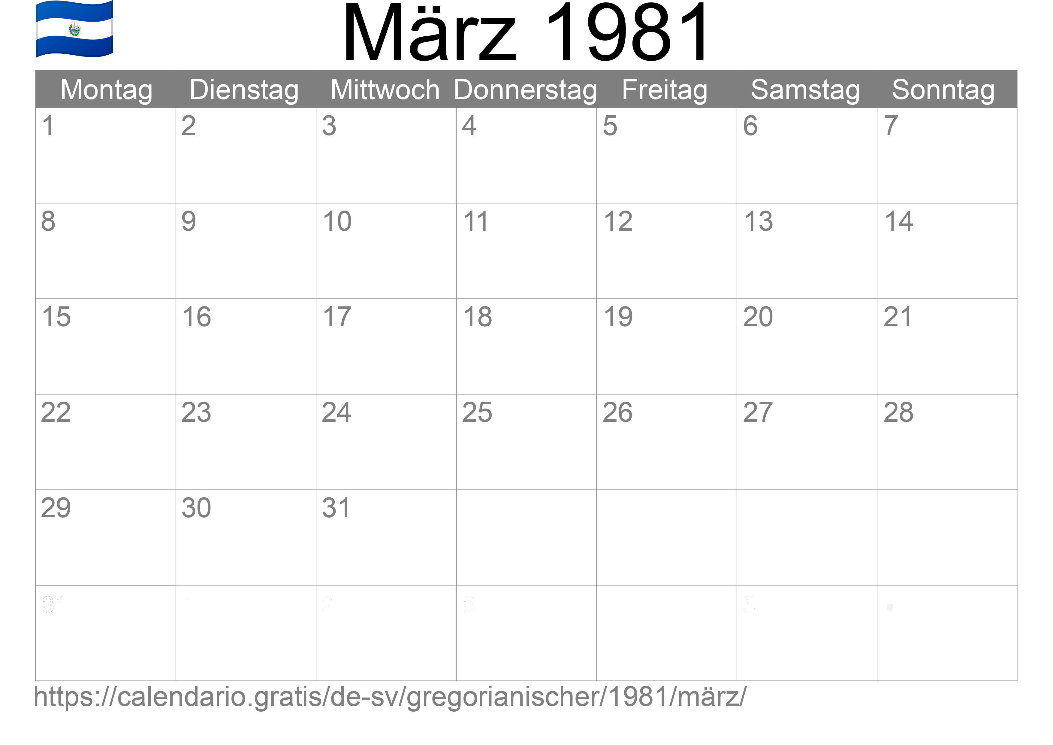 Kalender März 1981 zum Ausdrucken