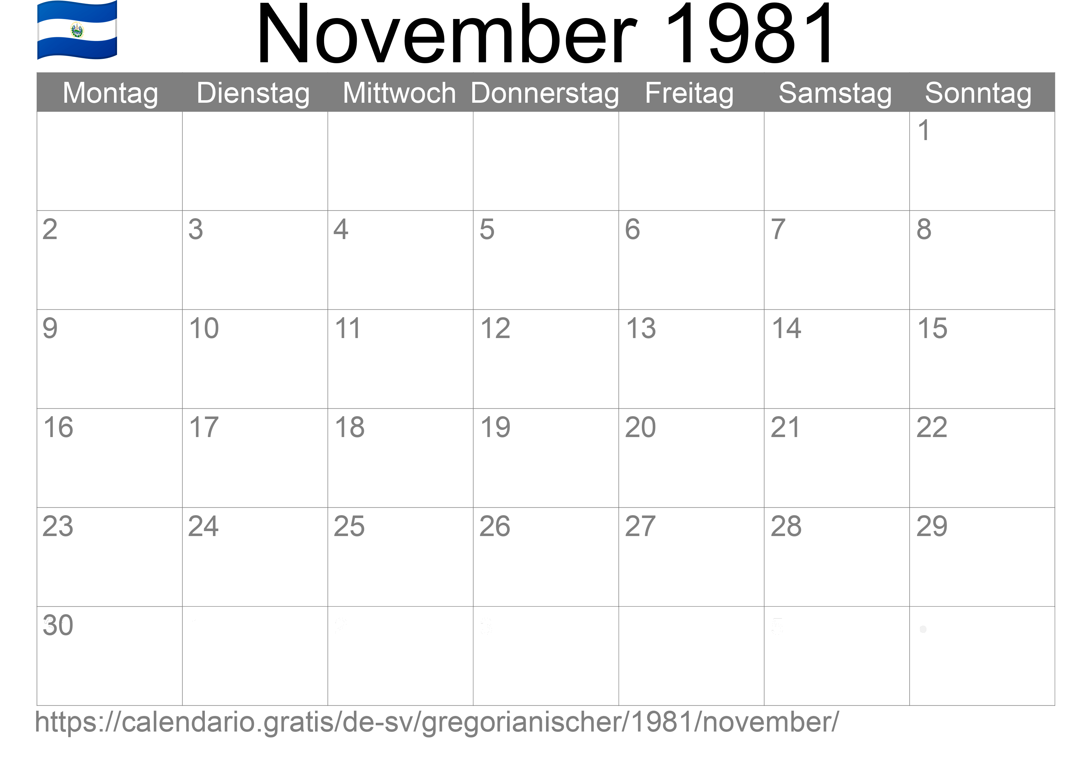 Kalender November 1981 zum Ausdrucken