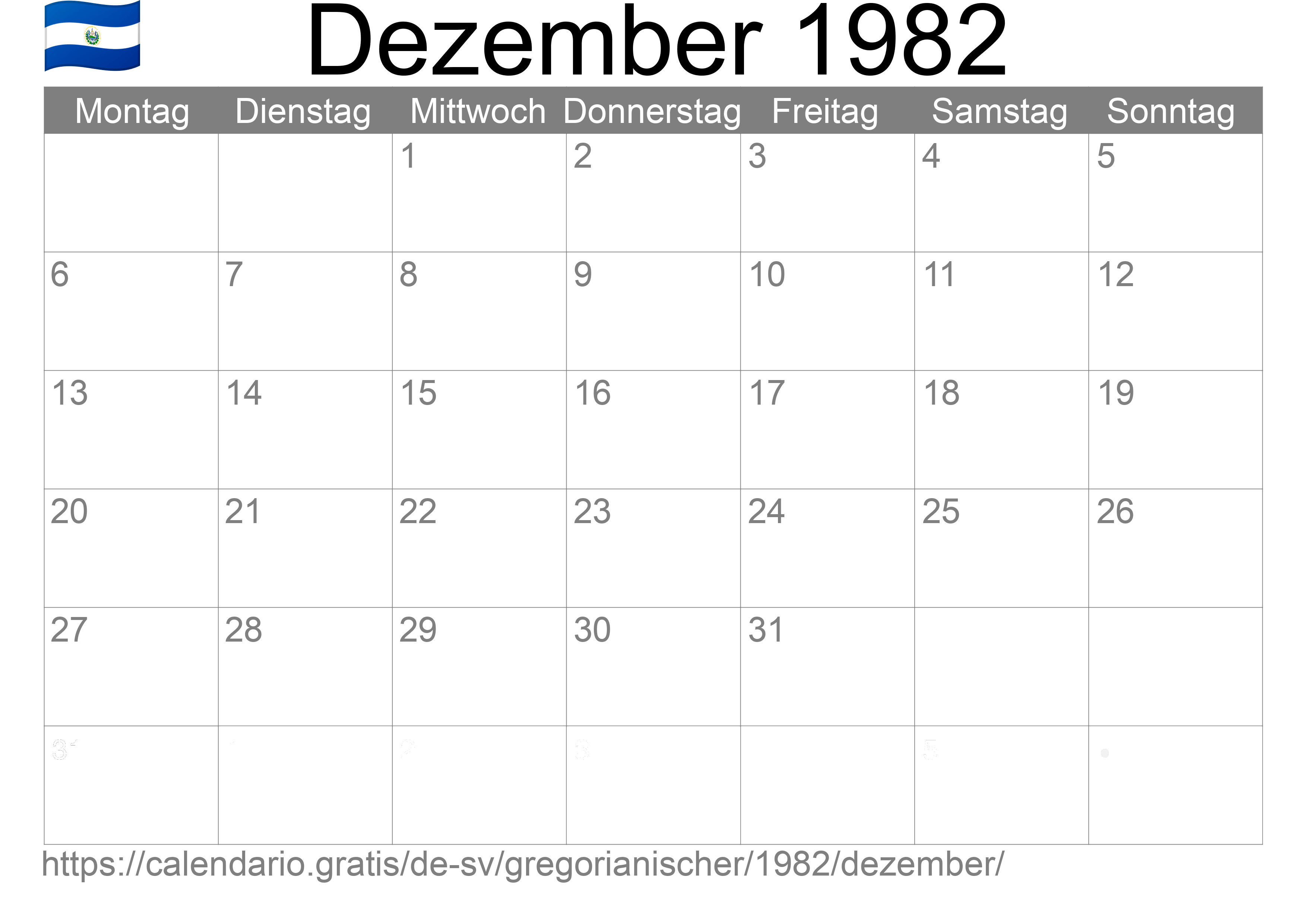 Kalender Dezember 1982 zum Ausdrucken