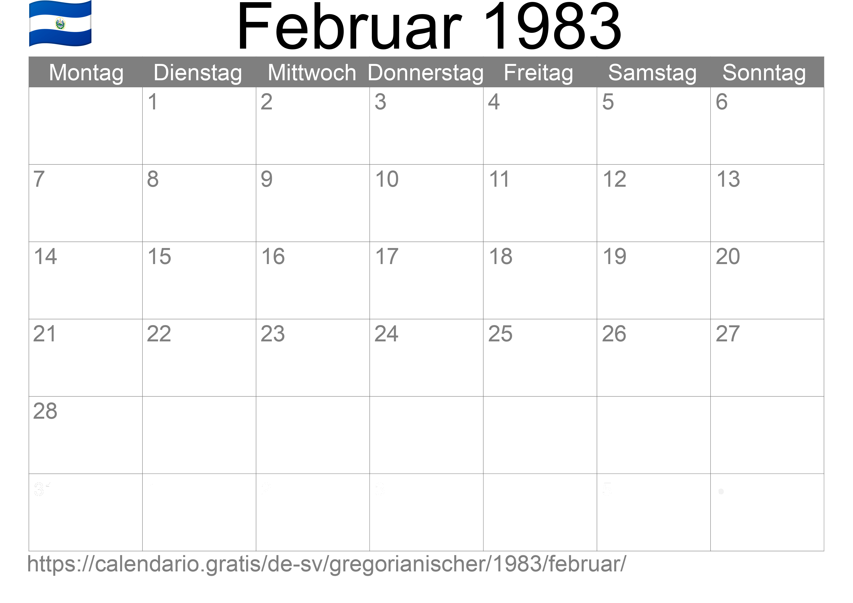 Kalender Februar 1983 zum Ausdrucken