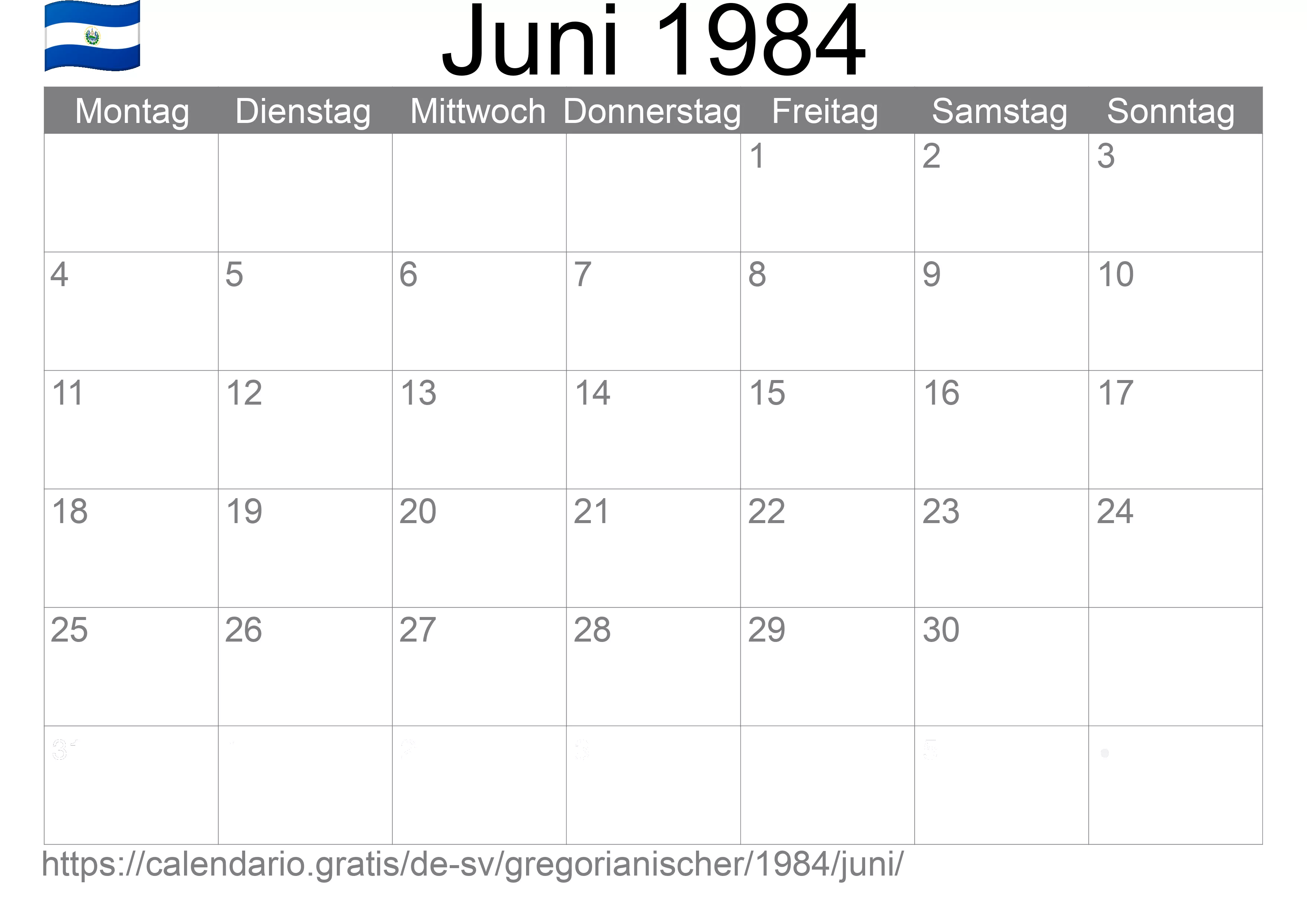 Kalender Juni 1984 zum Ausdrucken (El Salvador)