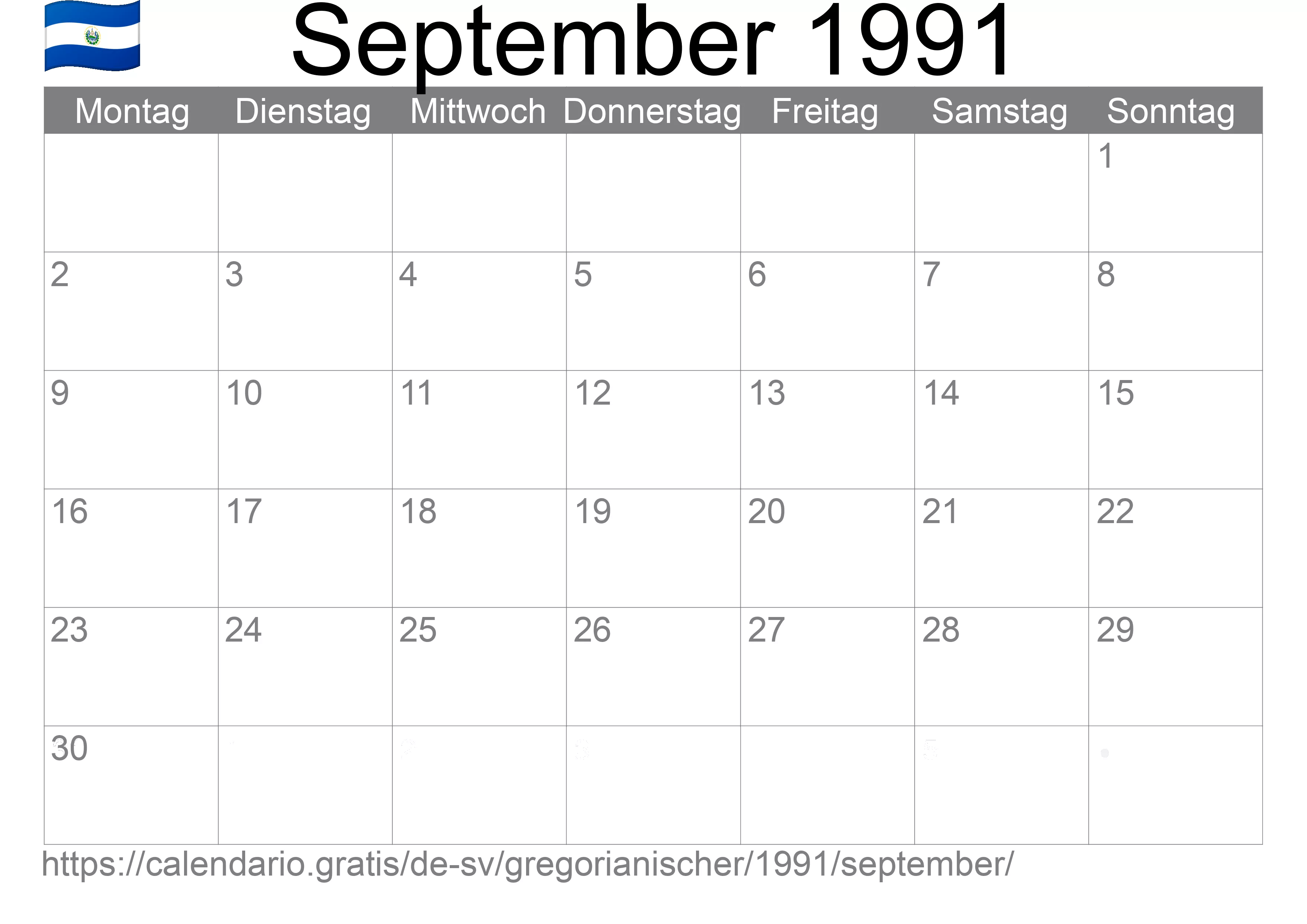 Kalender September 1991 zum Ausdrucken (El Salvador)