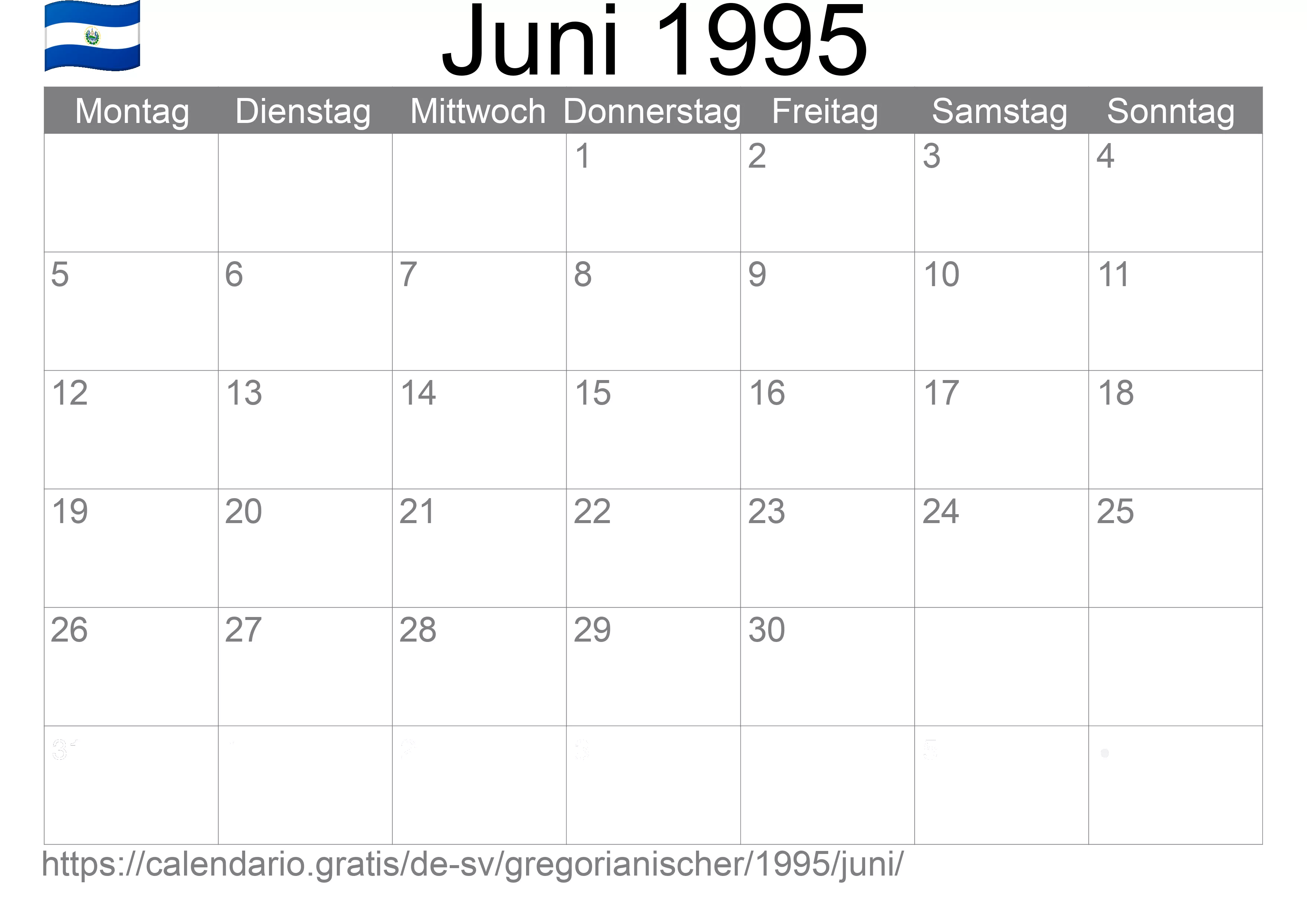 Kalender Juni 1995 zum Ausdrucken (El Salvador)
