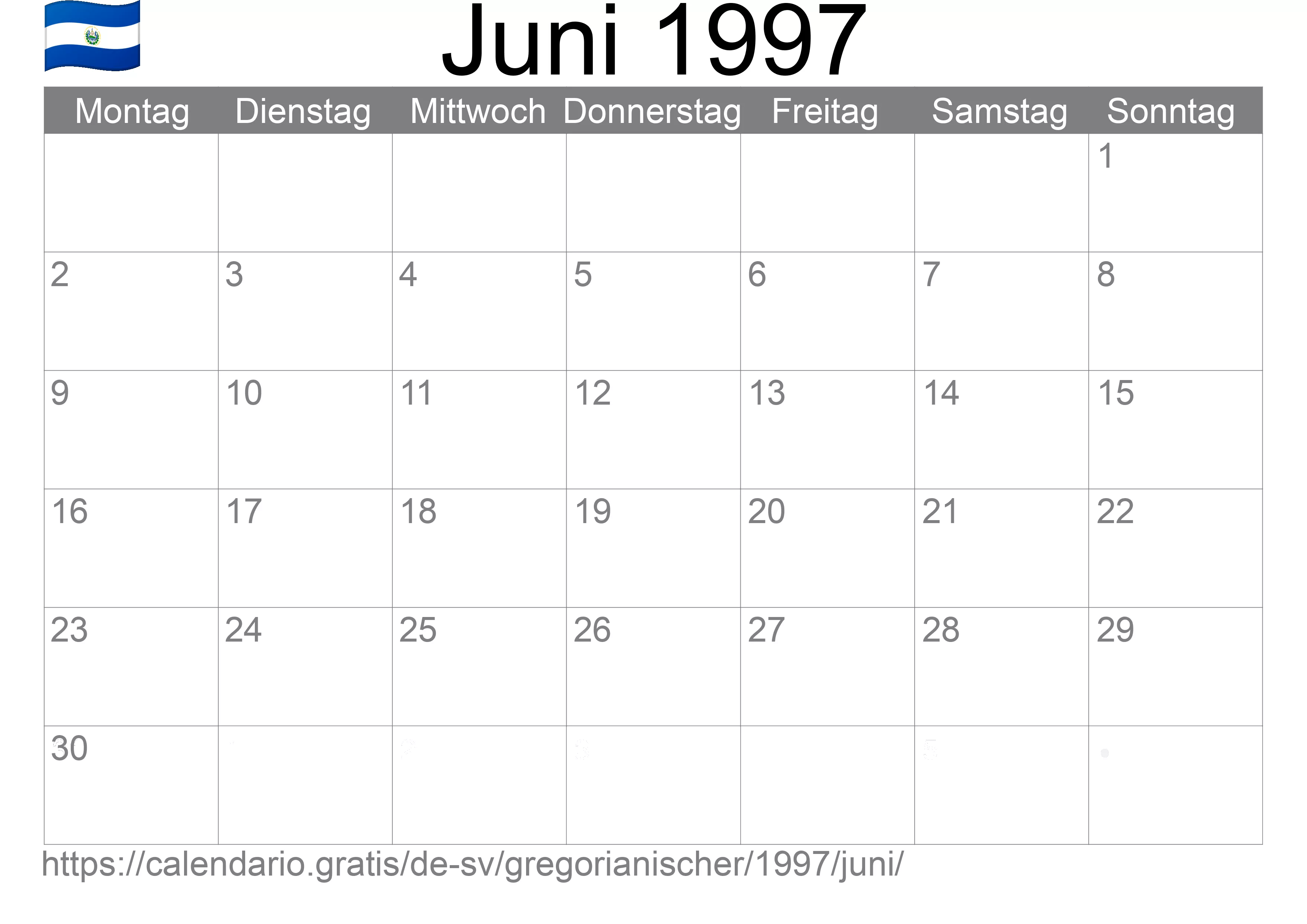 Kalender Juni 1997 zum Ausdrucken (El Salvador)