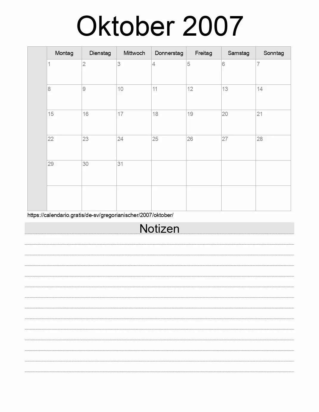 Kalender für Oktober 2007 zum Drucken mit Notizen. (El Salvador)