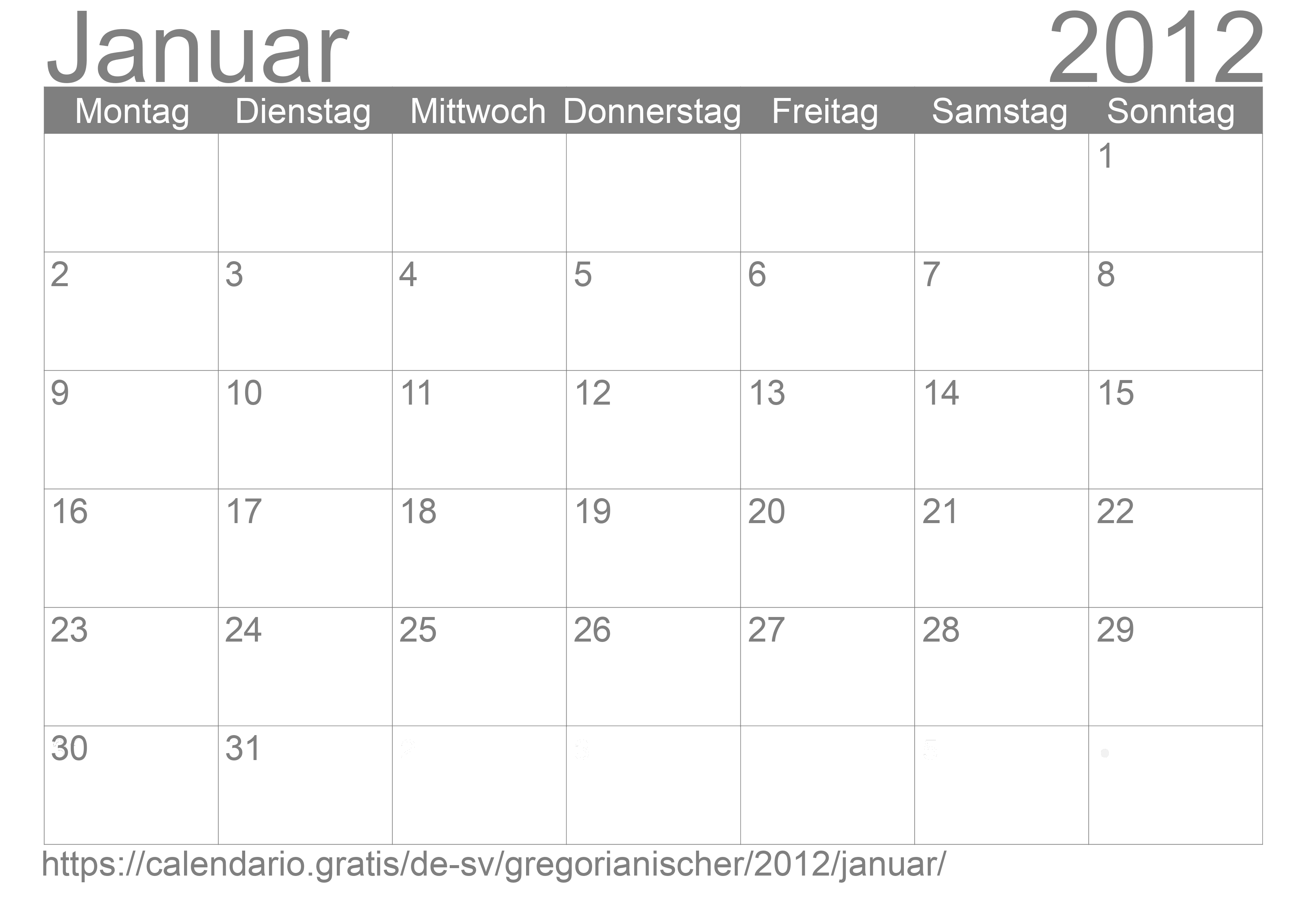 Kalender Januar 2012 zum Ausdrucken