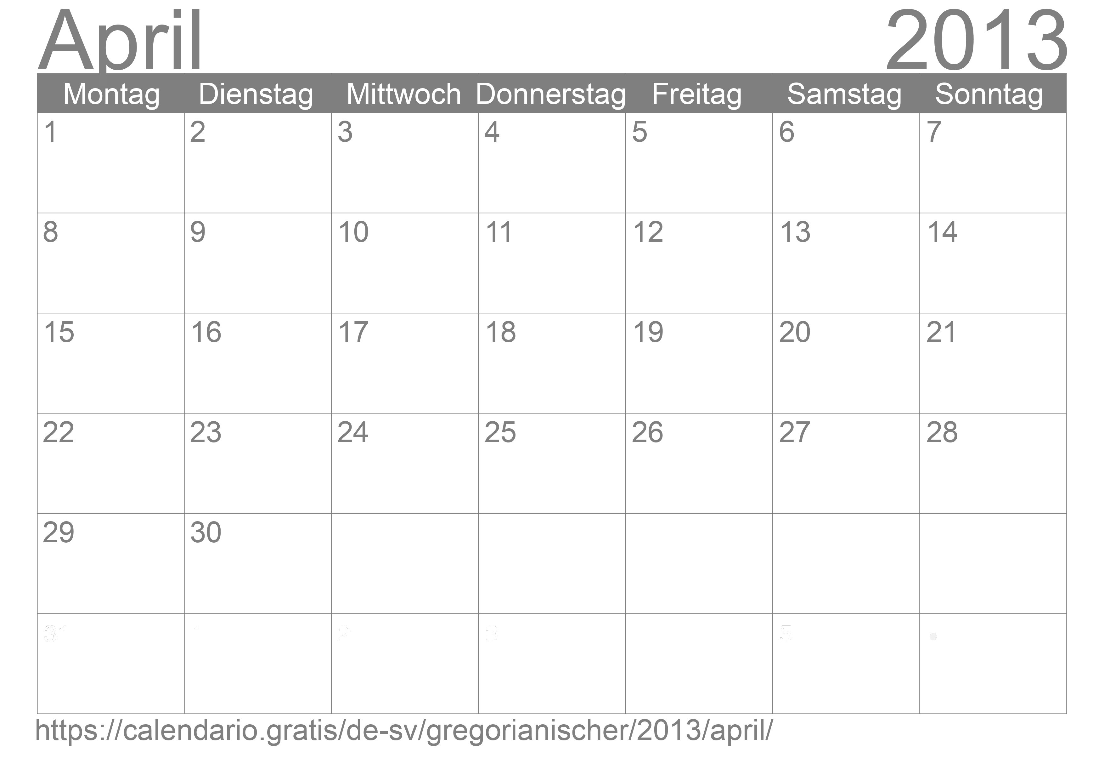 Kalender April 2013 zum Ausdrucken
