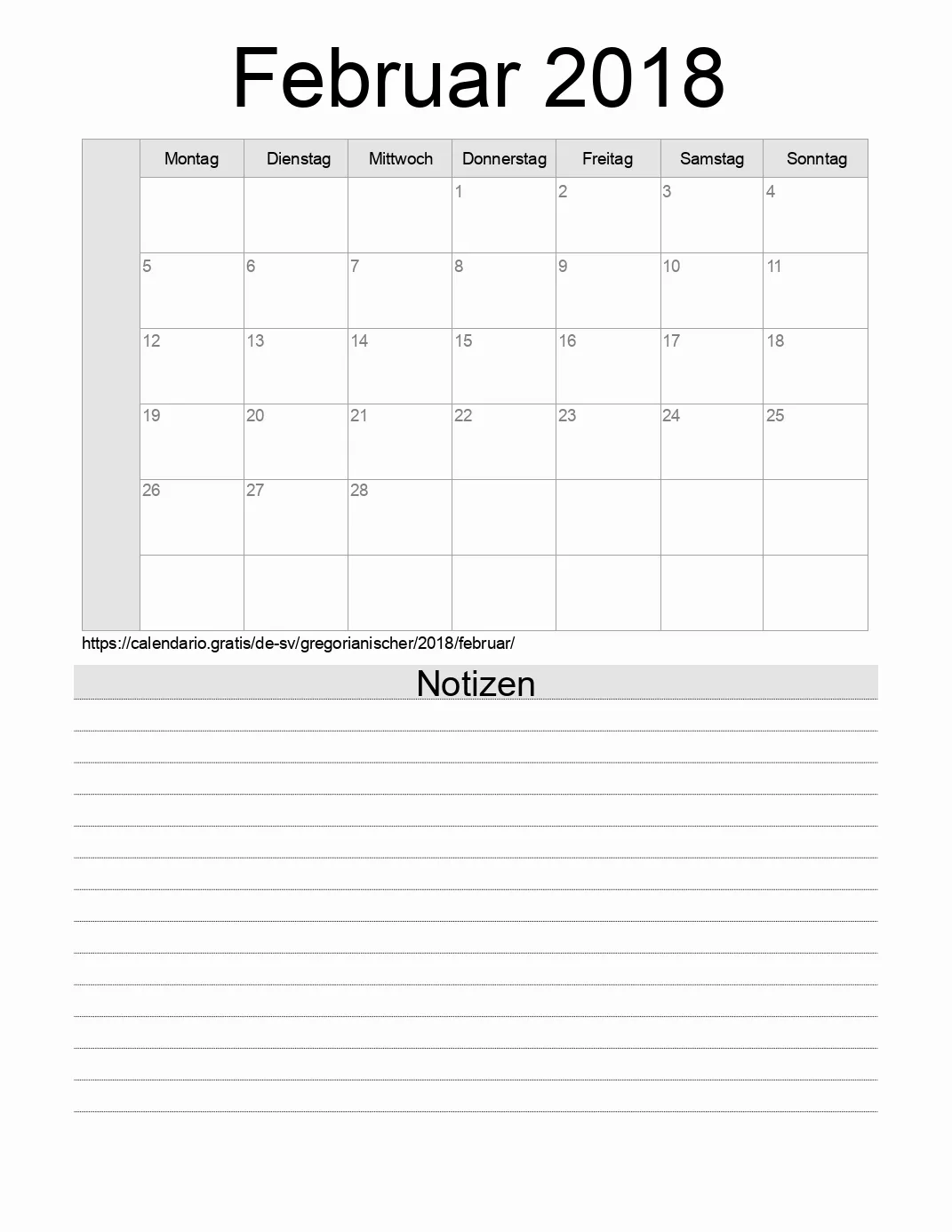 Kalender für Februar 2018 zum Drucken mit Notizen. (El Salvador)