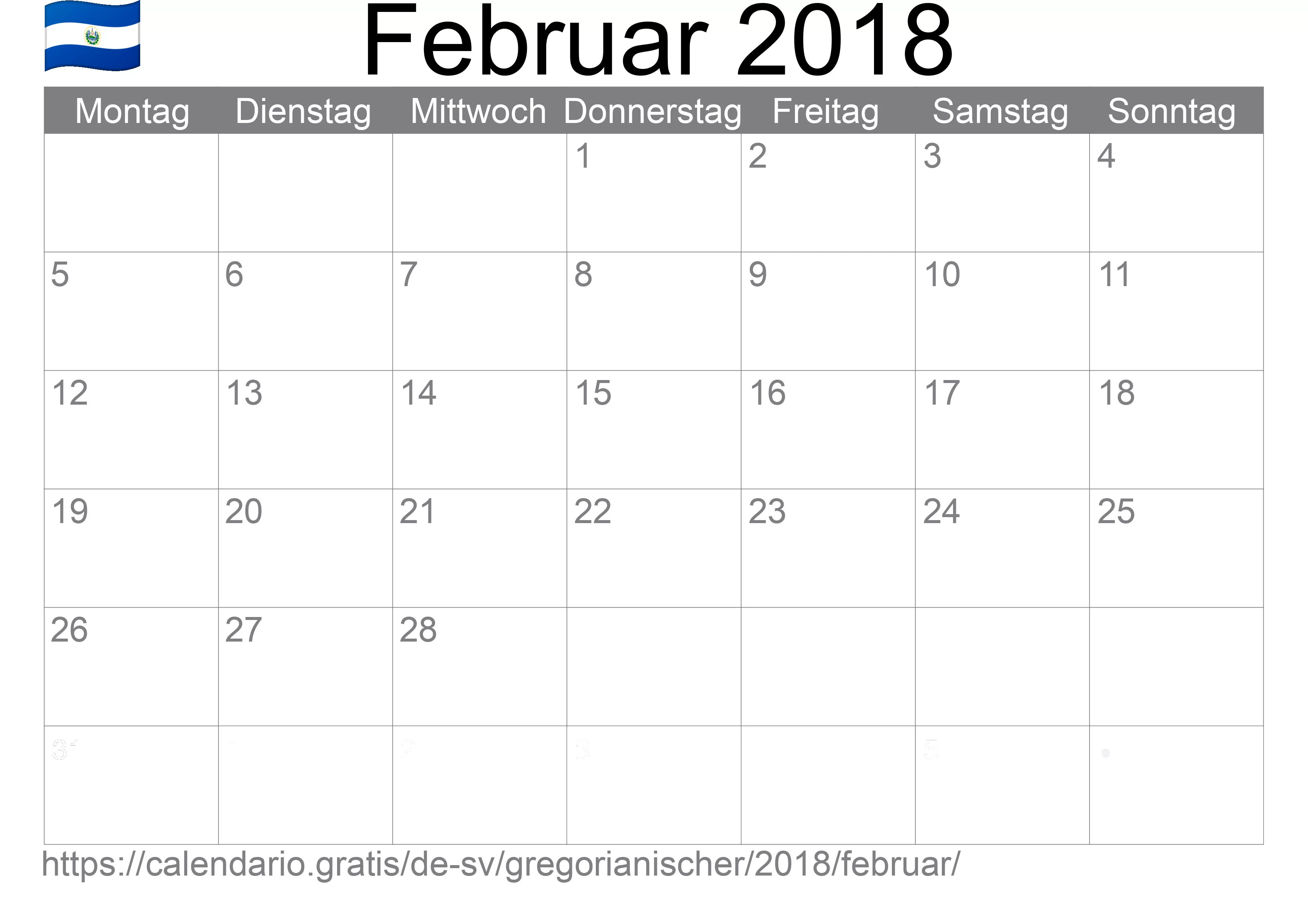 Kalender Februar 2018 zum Ausdrucken (El Salvador)