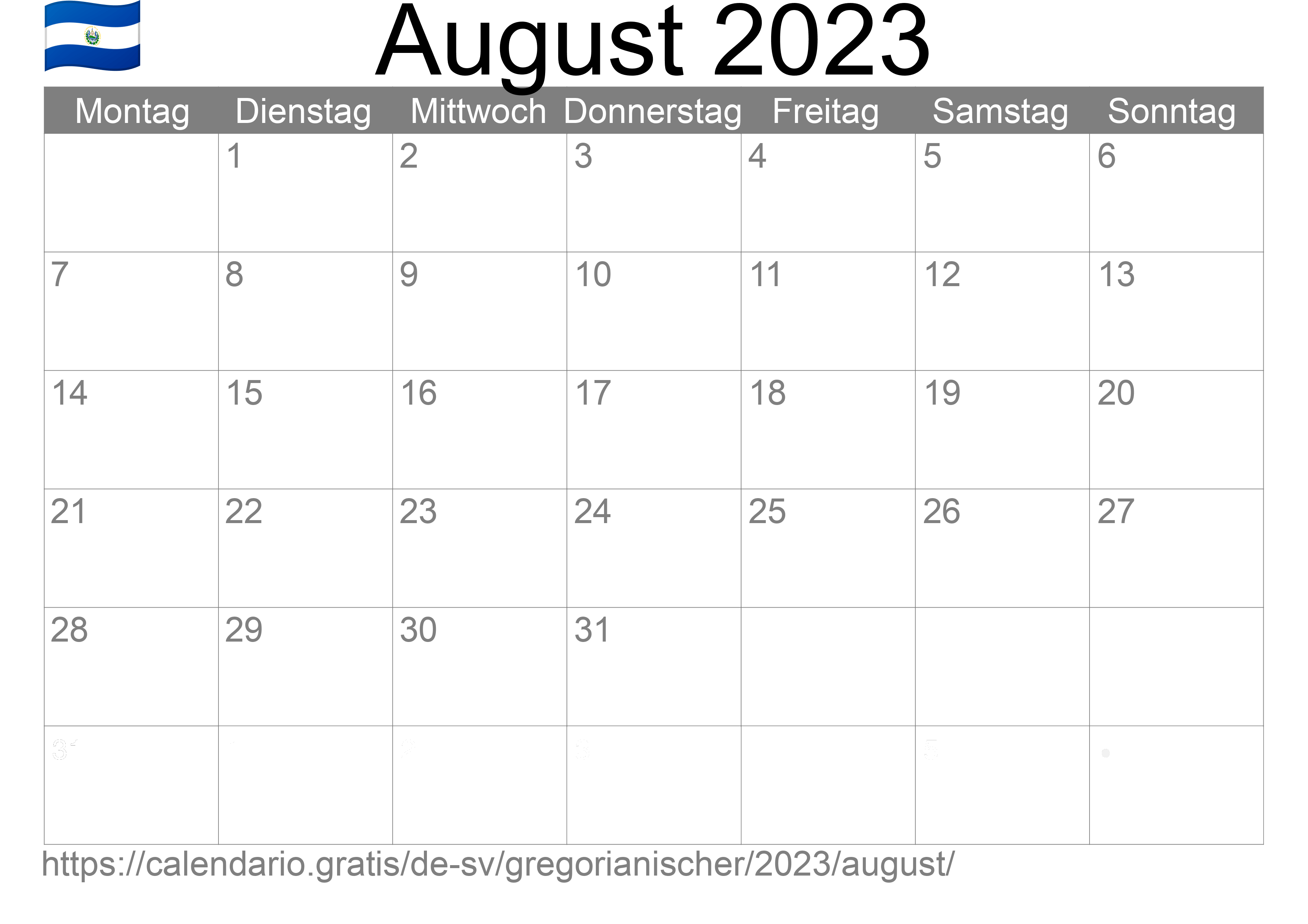 Kalender August 2023 zum Ausdrucken