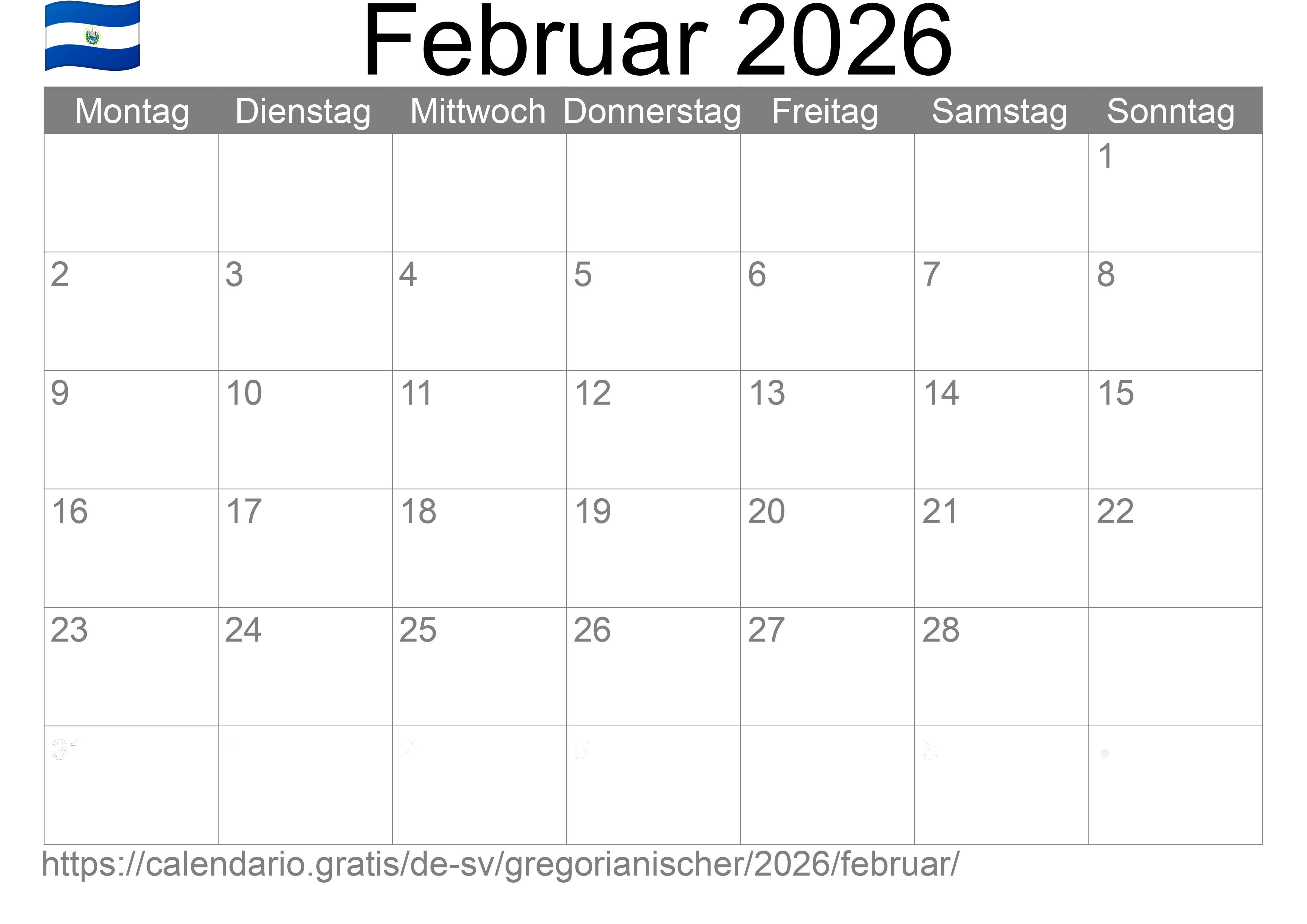 Kalender Februar 2026 zum Ausdrucken