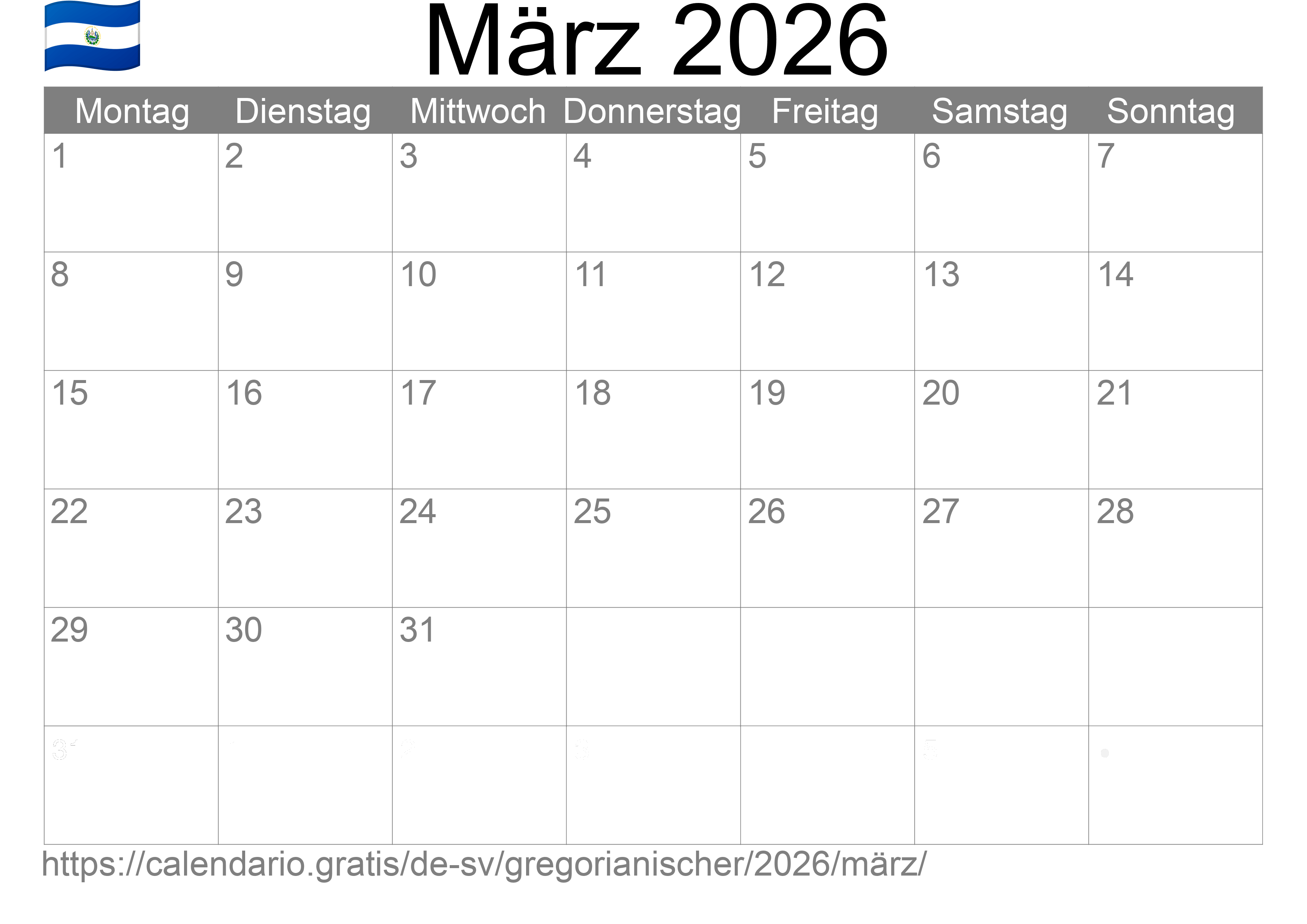 Kalender März 2026 zum Ausdrucken