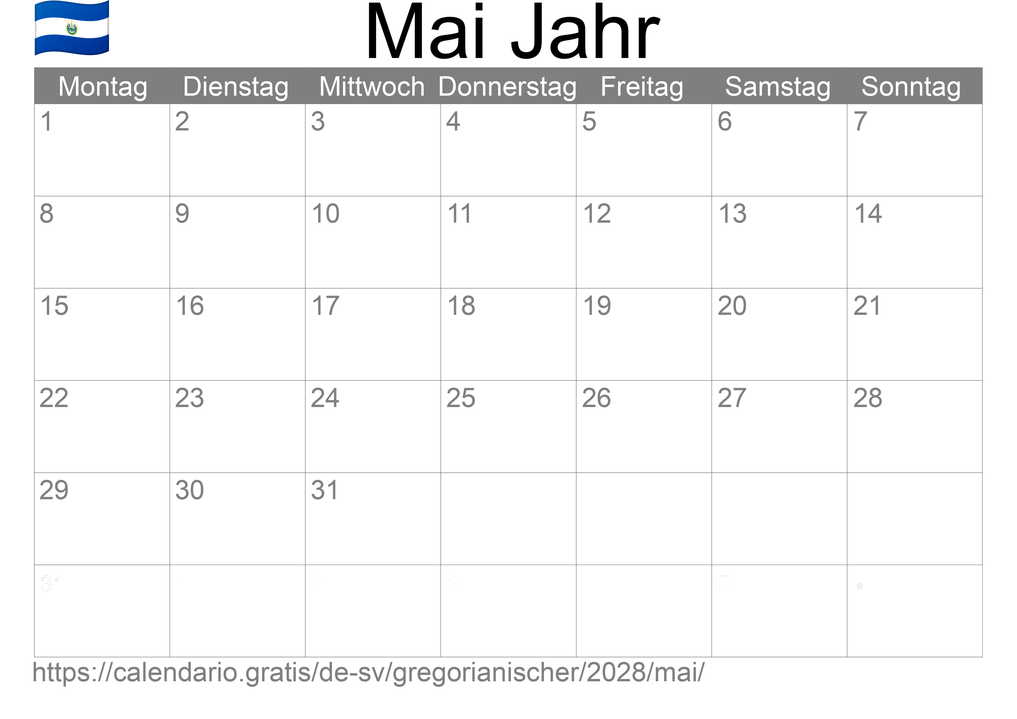 Kalender Mai 2028 zum Ausdrucken