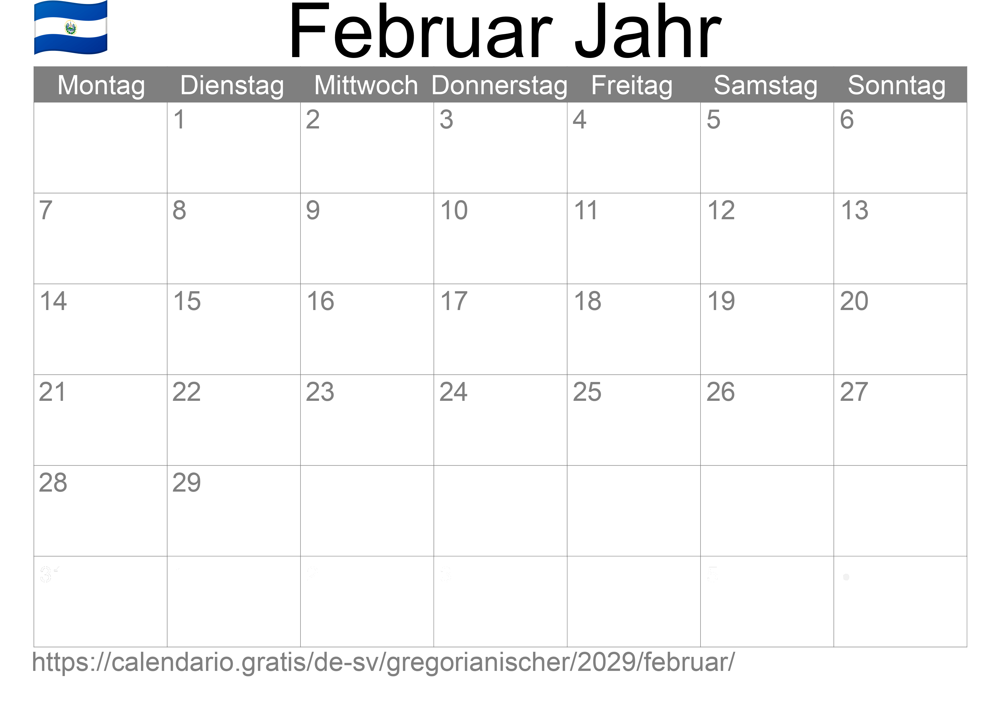 Kalender Februar 2029 zum Ausdrucken