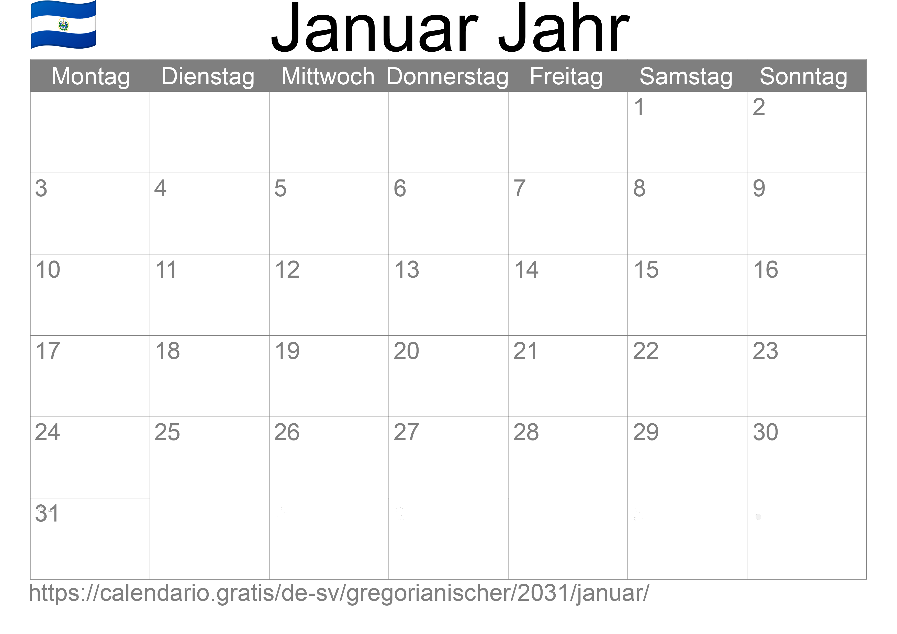 Kalender Januar 2031 zum Ausdrucken