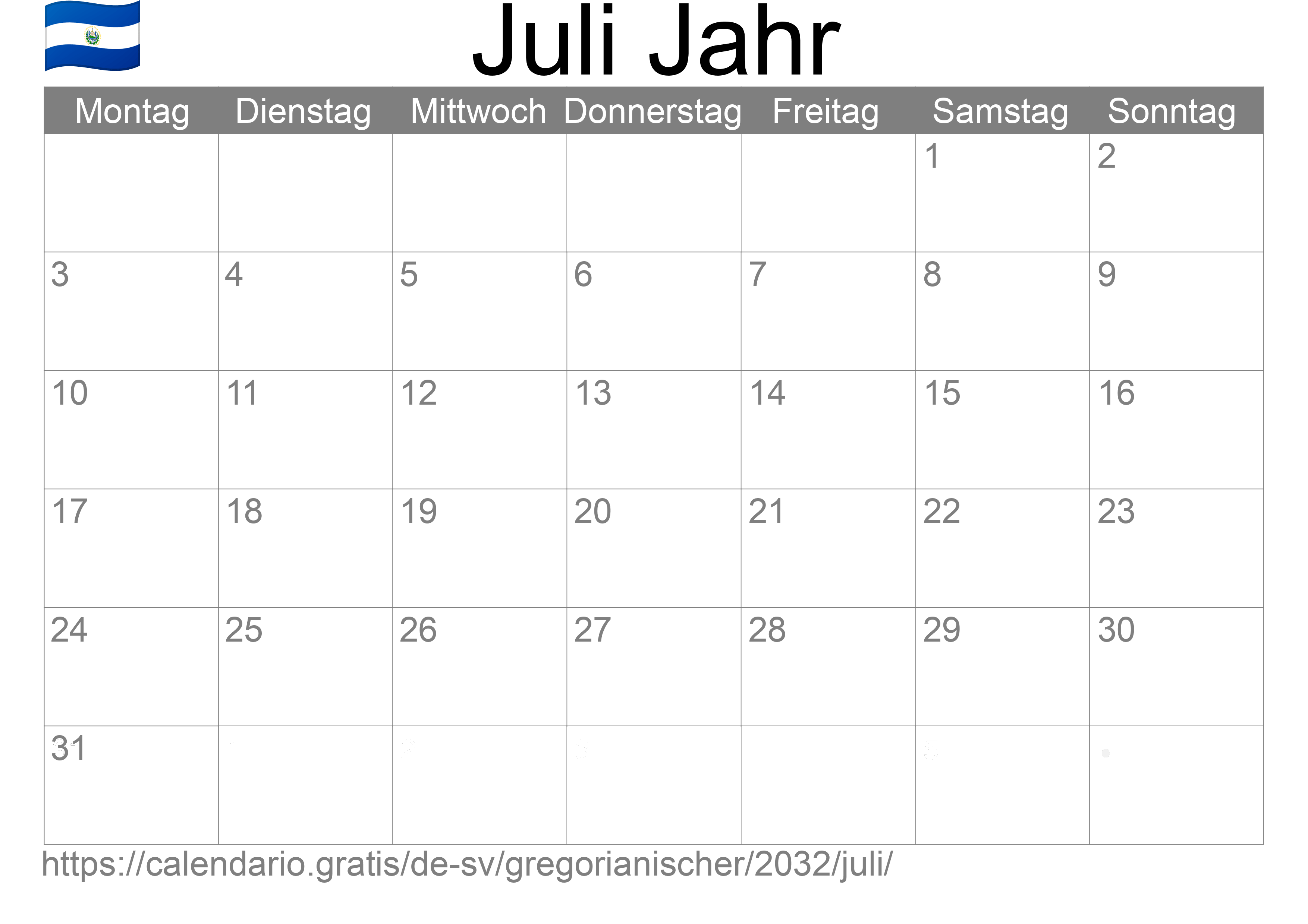 Kalender Juli 2032 zum Ausdrucken