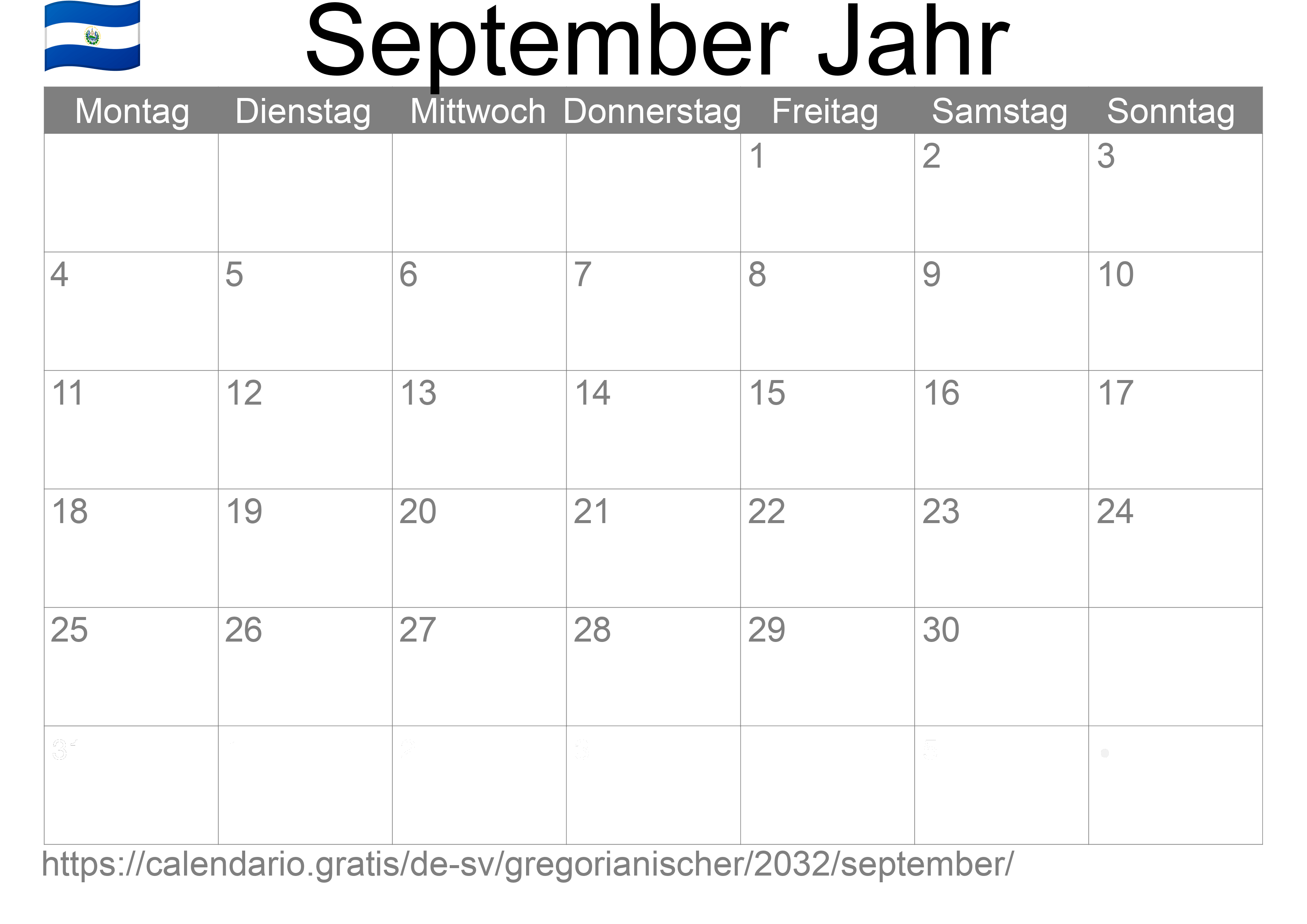 Kalender September 2032 zum Ausdrucken