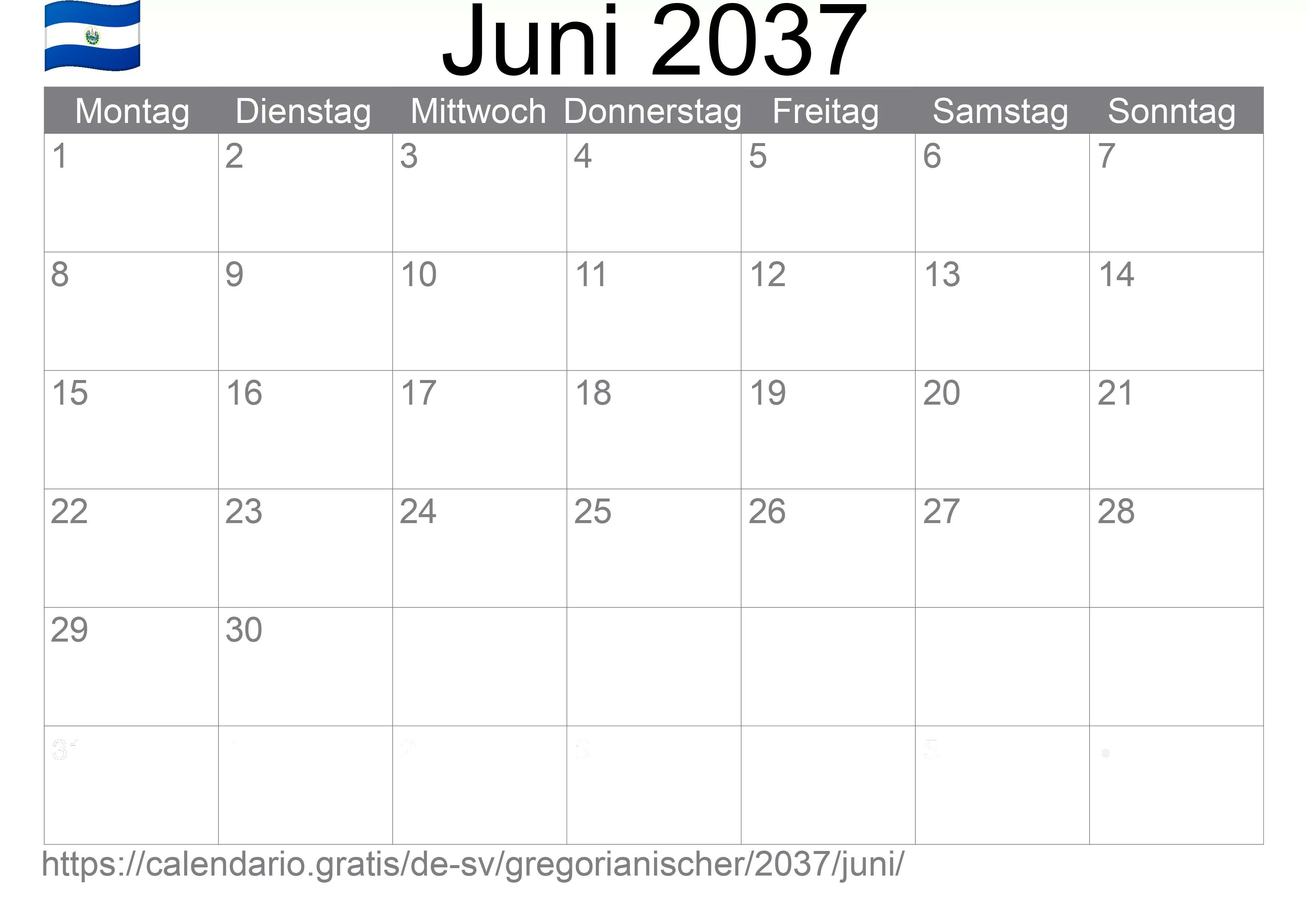 Kalender Juni 2037 zum Ausdrucken (El Salvador)