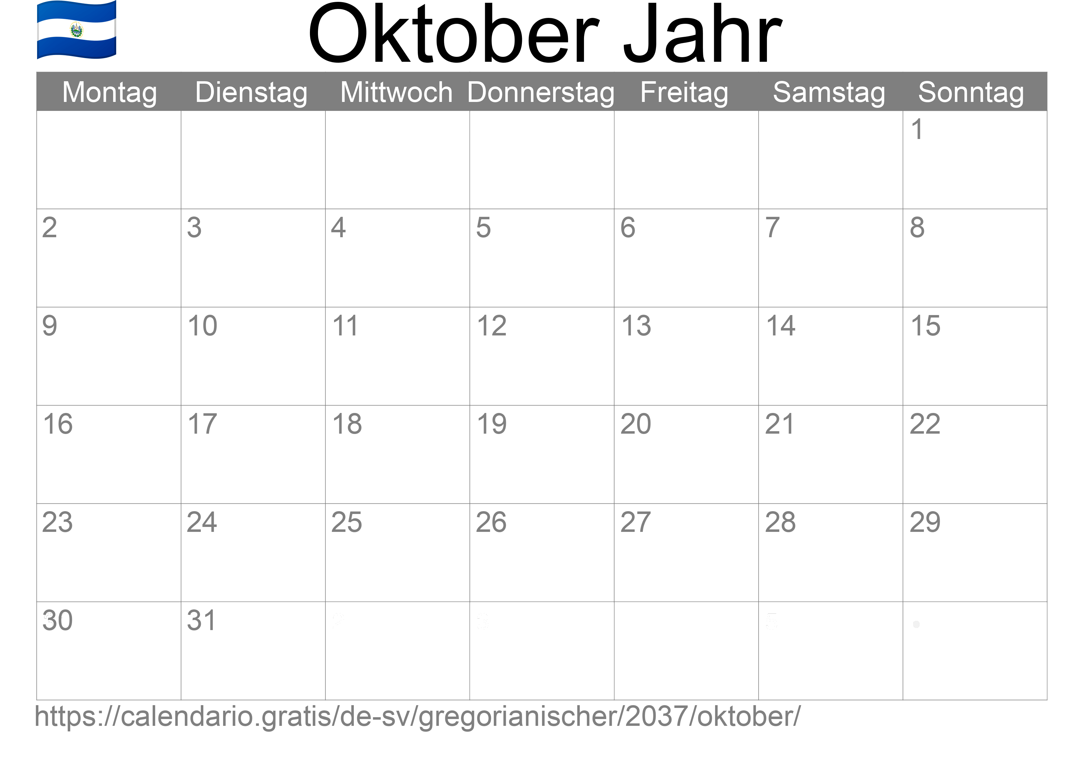 Kalender Oktober 2037 zum Ausdrucken